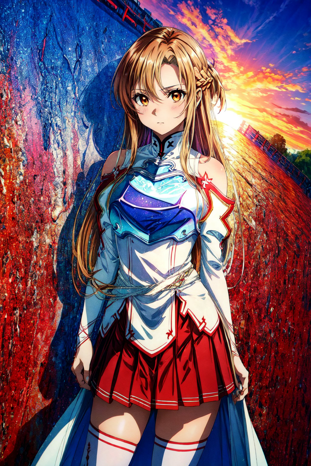 masterpiece, best quality, highres, aaasuna, long hair, brown hair, braid, brown eyes, bare shoulders, armor, breastplate, white sleeves, detached sleeves, red skirt, pleated skirt, white thighhighs, , sunset, standing, cowboy shot,