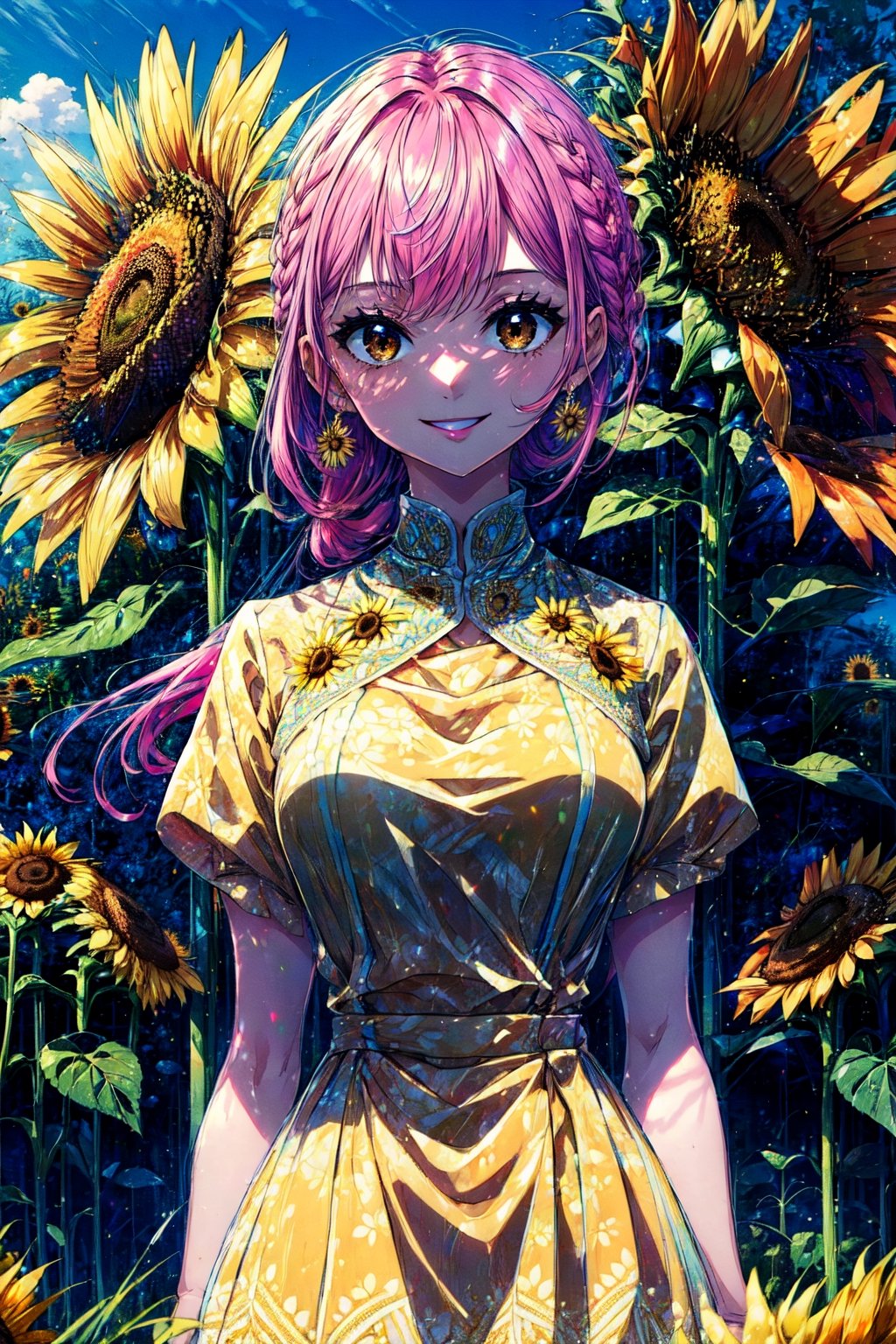 masterpiece, ((ultra detailed background, delicate pattern, intricate detail)), (highly detailed, fine details), best quality, beautiful lighting, (portrait), Rebecca, 1girl, solo, braid, pink hair, long hair, ((slim girl, medium breasts, cowboy shot)), smile, yellow dress, fluffy dress, brown eyes, complex detailed background, sunflower, field, outside, nature environment, blue sky, sky, tree