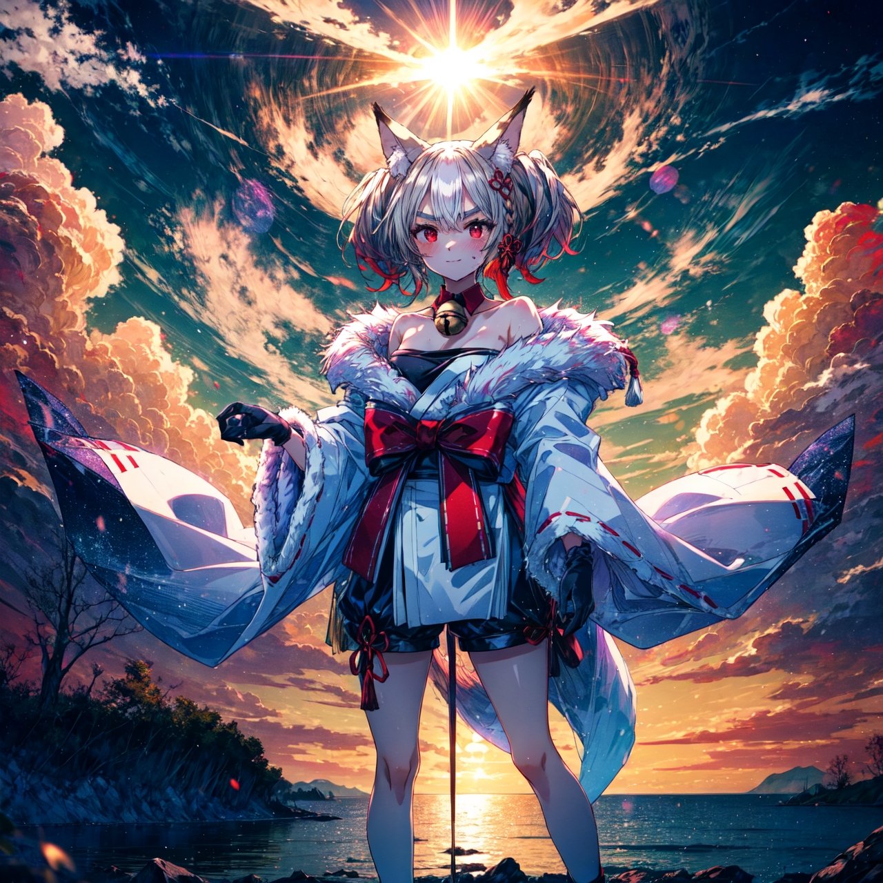 1girl, standing, long shot, light smile, despair, (highres, realistic, best quality, masterpiece, ultra-detailed, textured, ambient lighting, cinematic lighting), animal ears ,1girl , fox ears, animal ear fluff ,bangs , red eyes , multicolored hair , twintails , animal ear fluff ,brown hair , hair ornament ,bell , solo , looking at viewer ,braid ,neck bell , fox girl , jingle bell ,gloves , fur trim , ribbon ,two-tone hair ,japanese clothes ,off shoulder ,bare shoulders ,collar ,bow ,long sleeves , streaked hair ,blush , black gloves , tail ,white hair , fox tail , kimono ,wide sleeves , red bow , red ribbon ,multiple tails , red hair , collarbone , hair ribbon , short hair , choker , socks , shorts , ribbon trim , sash , black shorts , rope , small breasts , white kimono , fur-trimmed sleeves , tabi , black footwear , black socks , gradient hair , v-shaped eyebrows , dress ,sandals , hair between eyes , obi , medium hair , grey hair , thick eyebrows , short twintails , strapless , sweat , shimenawa , outdoors , fur-trimmed kimono kitsune,white half sun,cloud,white background,orange sky, lens flare, back lighting,