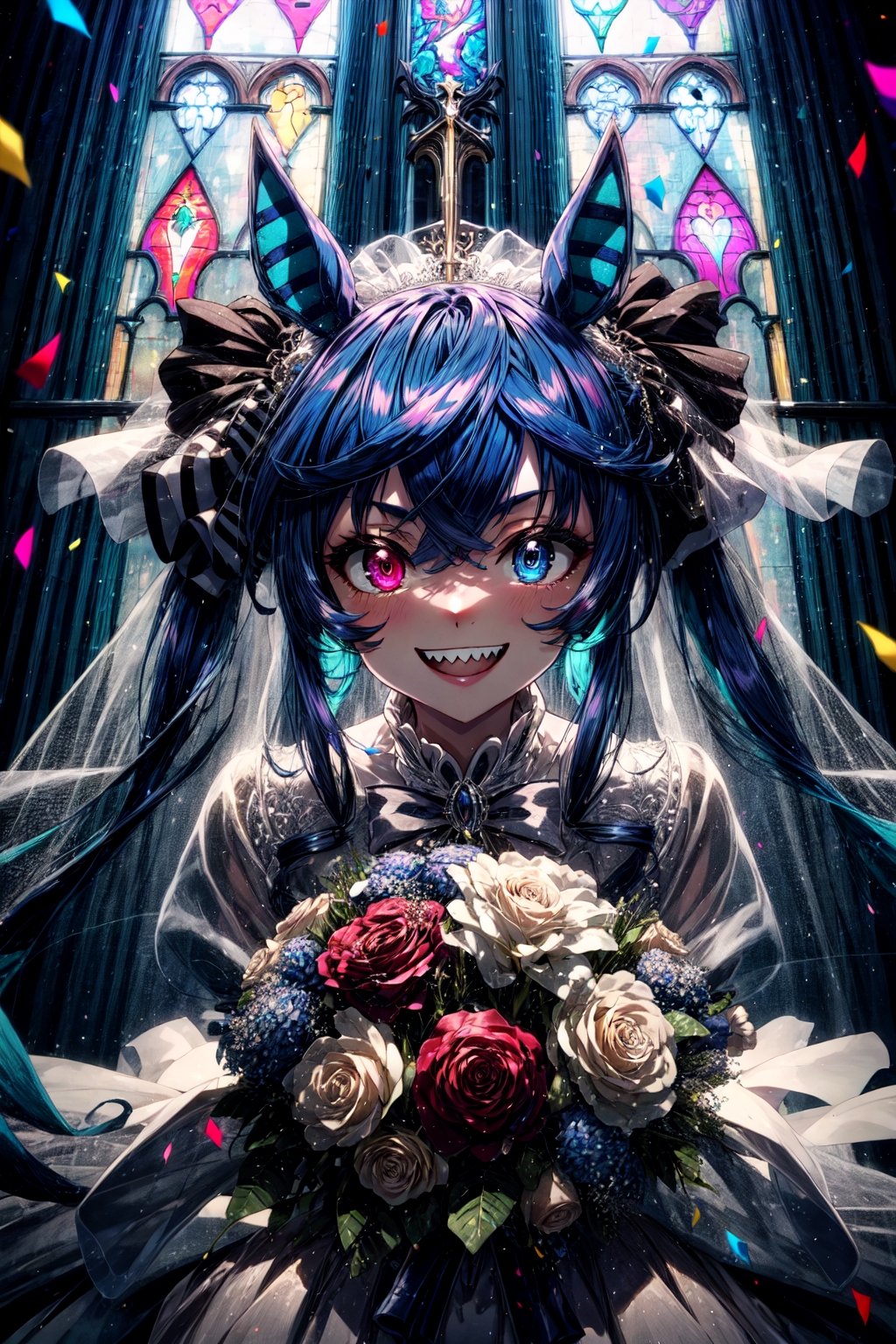 masterpiece, best quality, highres, aatwin, sharp teeth, horse tail, heterochromia, twintails, long hair, , wedding dress, white gloves, bouquet, smile, grin, church, confetti,