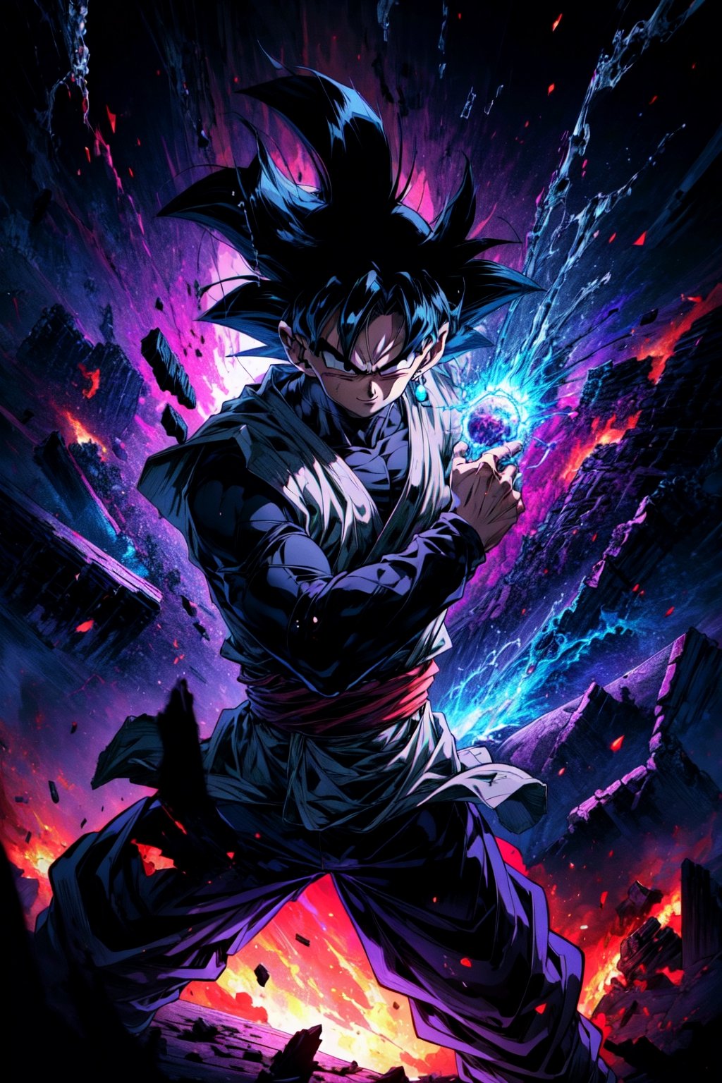 ((masterpiece, best quality)),(complex light),absurdres, highres, 1boy,solo,fighting stance, goku black,black hair,black eyes,blue fire destroyed debris background,smirk,