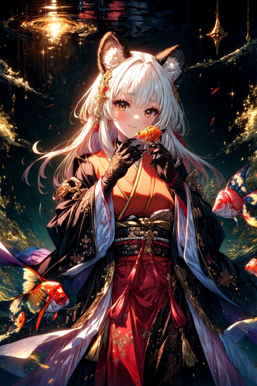 masterpiece,best quality,highres,cinematic lighting,dramatic angle,1girl, ,1girl,animal ears,japanese clothes,black open jacket,obi,smile,hand on own cheek,looking at viewer,black hair,brown eyes,bamboos,goldfish,dynatic pose,cowboy shot,KIND,gold-trimmed,magic,multicolored hair,white hair,frills,claws,elbow gloves,(open mouth:0.43),magic,feast,foods