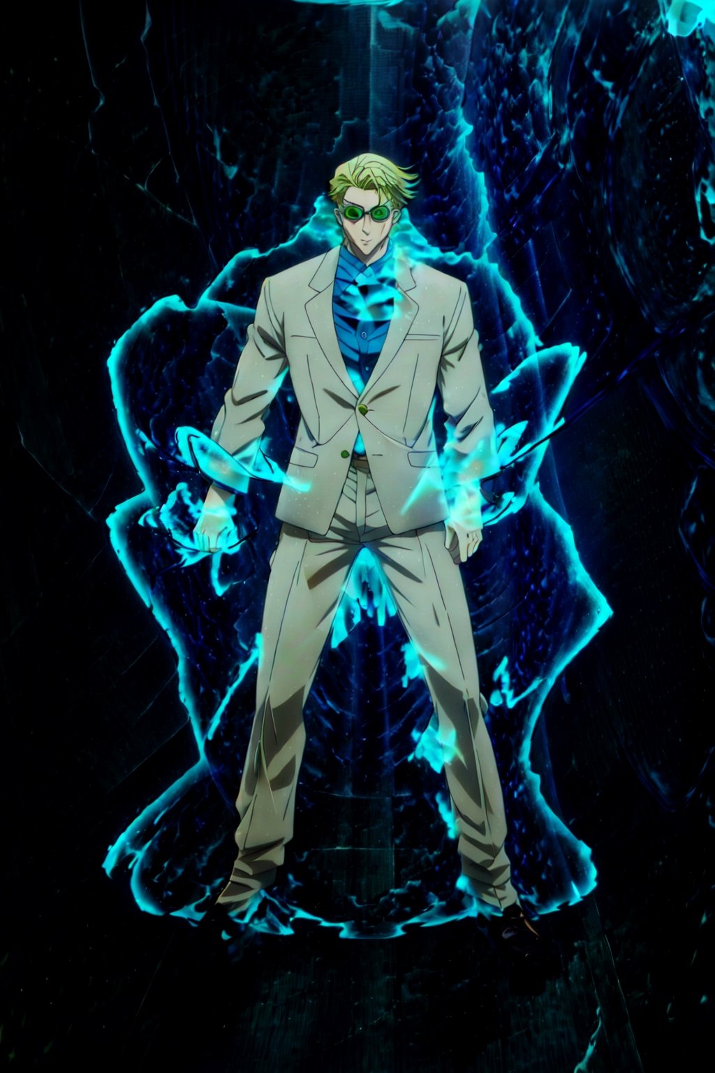 masterpiece,highres,high quality,extremely detailed,solo, , goggles,tinted eyewear, KentoNanami,1man, serious,jacket,formal,suit,collared shirt,blue shirt, full body,fighting_stance,(aura:1.5),aura_power,Ki Charge,CLOUD