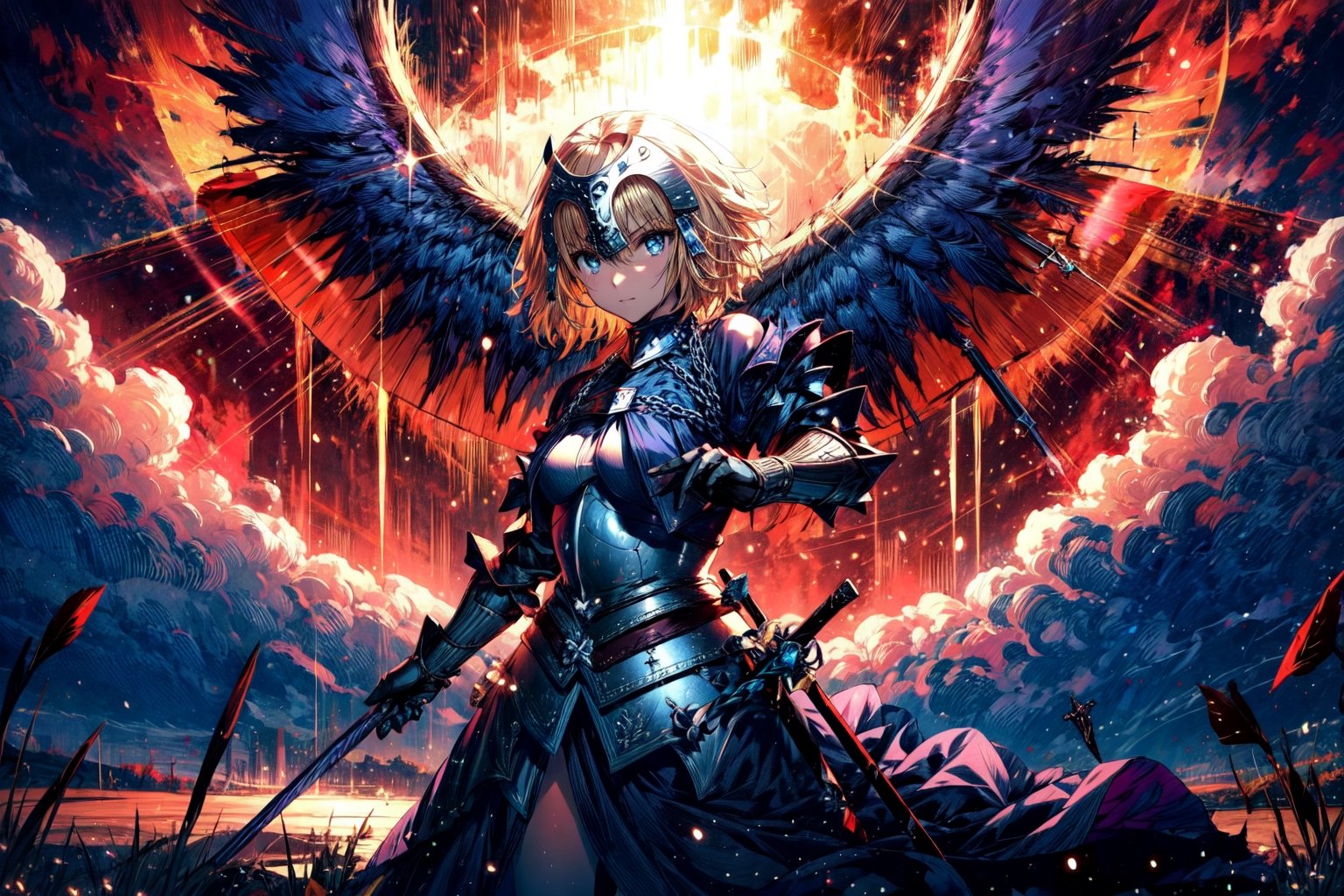 masterpiece, best quality,1girl,,solo, long hair, blonde hair, jeanne d'arc (fate), armor, blue eyes, weapon, sword, armored dress, gauntlets, headpiece, jeanne d'arc (third ascension) (fate),(kbxll:1),FGO,fantasy,midjourney,CLOUD,art