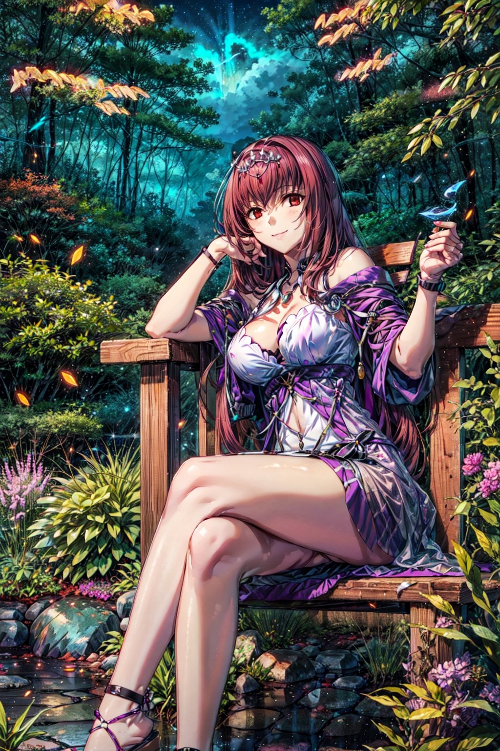 masterpiece,best quality,1girl,solo,mature female,scathach skadi \(fate\),FGOFES,FEScloth,smile,sitting,crossed legs,night,forest,fireflies,