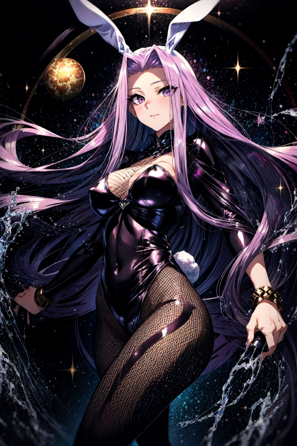 masterpiece, best quality,1girl, medusa (rider) (fate),long hair, medusa (fate), black purple hair, solo, black ping eyes, large breasts, very long hair, looking at viewer, wild eyes, (full body:0.5), starry sky, dark background, happy, , ((bunnysuit)), fishnet tights,fantasy,Circle