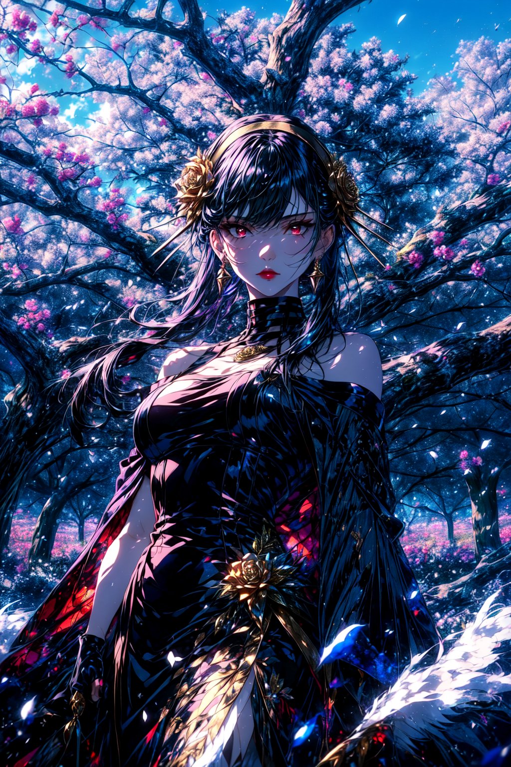XUER Yor Forger,1girl,solo,yor briar,dress,jewelry,black hair,black dress,red eyes,earrings,breasts,hair ornament,long hair,gloves,floating hair,flower,two-sided fabric,bare shoulders,hair flower,tree,black gloves,gold hairband,sidelocks,outdoors,blurry background,blurry,red lips,rose,hairband,lips,two-sided dress,bangs,branch,gold earrings,off shoulder,cape,short hair with long locks,cowboy shot,closed mouth,medium breasts,sleeveless dress,sleeveless,bare tree,looking at viewer,off-shoulder dress,large breasts,A shot with tension,(Visual impact,giving the poster a dynamic and visually striking appearance:1.2),impactful picture,(masterpiece, best quality:1.2),offcial art,movie perspective,advertising style,magazine cover,very aesthetic,disheveled hair,very aesthetic,illustration,disheveled hair,perfect composition,moist skin,intricate details