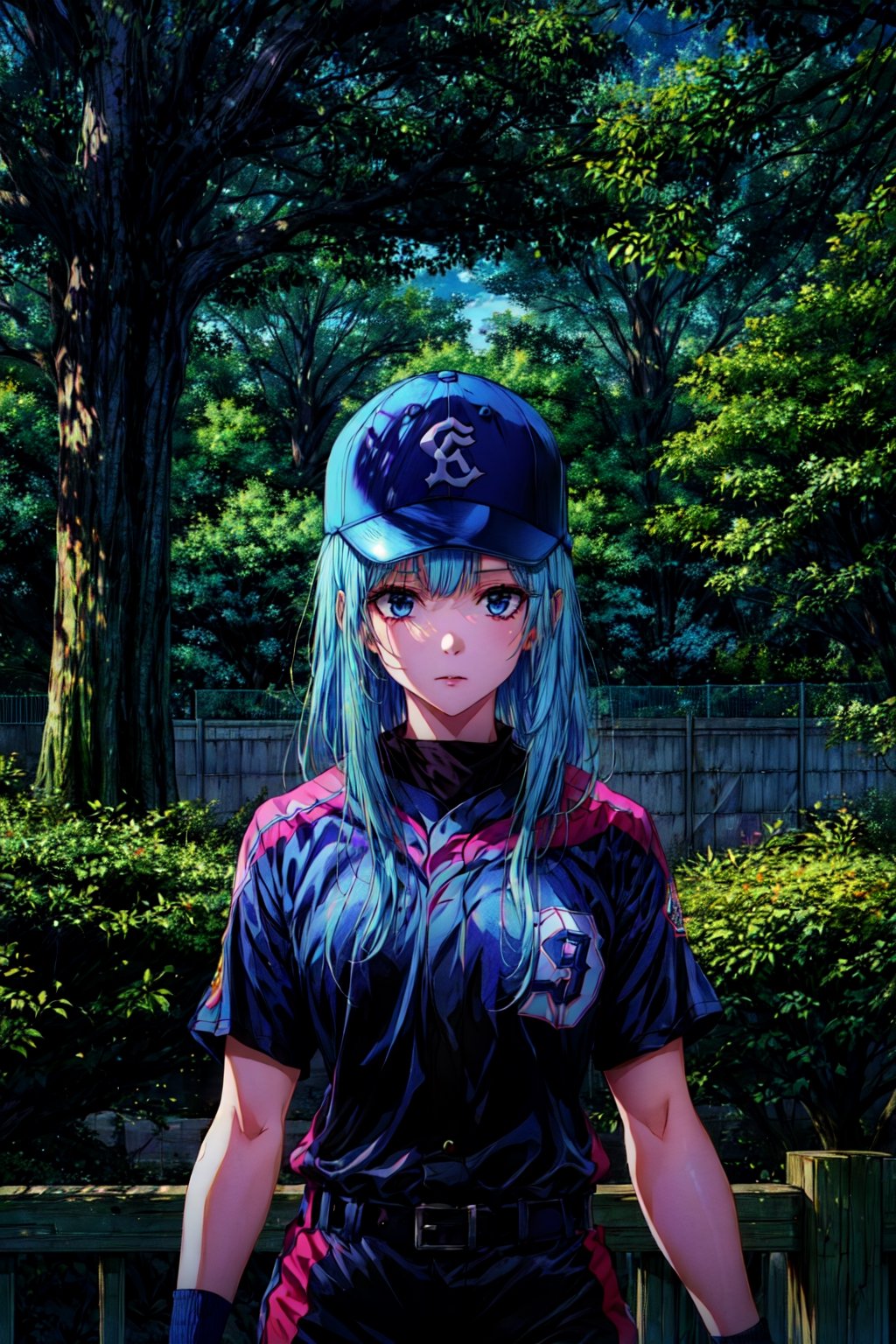 (extremely detailed CG unity 8k wallpaper),(masterpiece),(best quality),(ultra-detailed),(best illustration),(best shadow),(absurdres), ,Kasumi, 1girl, solo, helmet, long hair, baseball uniform, belt,blue hair, sportswear, fence, baseball cap, chain-link fence, hat, tree, outdoors