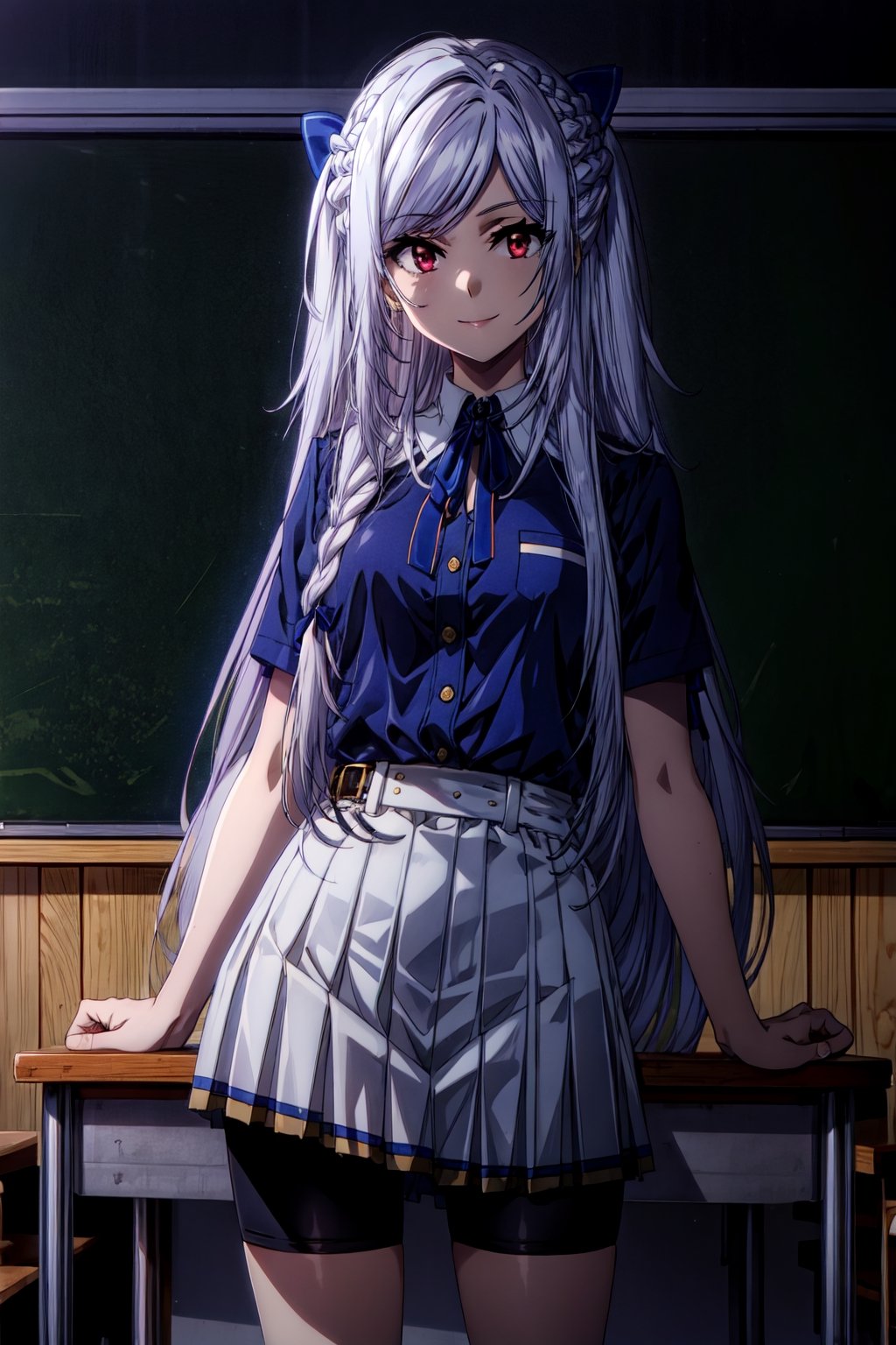 (masterpiece), high quality, highly detailed background, 1girl, solo, , ChopioAlexia, long hair, very long hair, white hair, sidelocks, swept bangs, red eyes, looking at viewer, crown braid, braid, (outfit_2:1), dark blue shirt, short sleeves, white collar, neck ribbon, white belt, grey skirt, pleated skirt, black shorts, bike shorts, (shorts_under_skirt:1), classroom, desk, standing, leaning on desk, seductive smile,