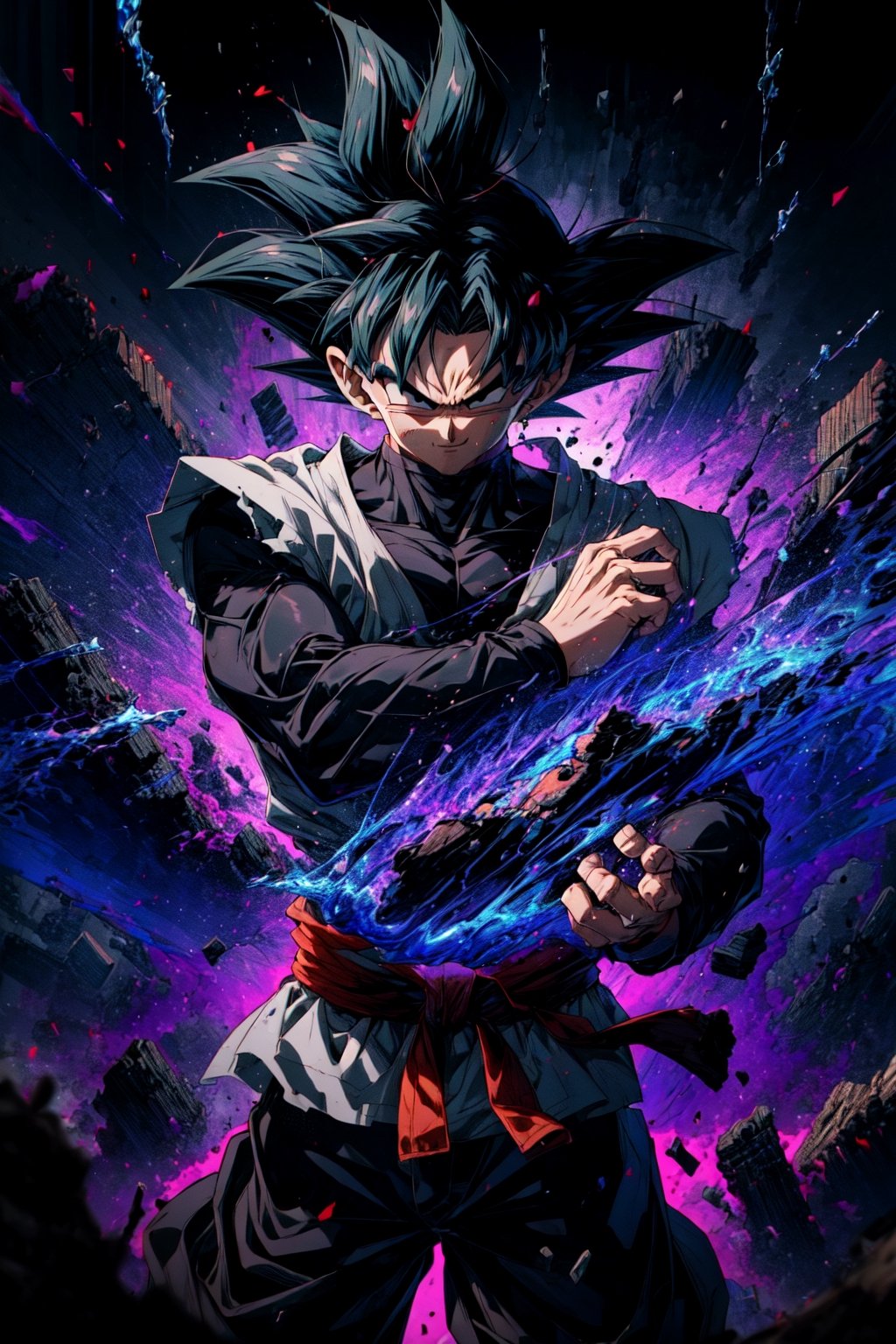 ((masterpiece, best quality)),(complex light),absurdres, highres, 1boy,solo,fighting stance, goku black,black hair,black eyes,blue fire destroyed debris background,smirk,