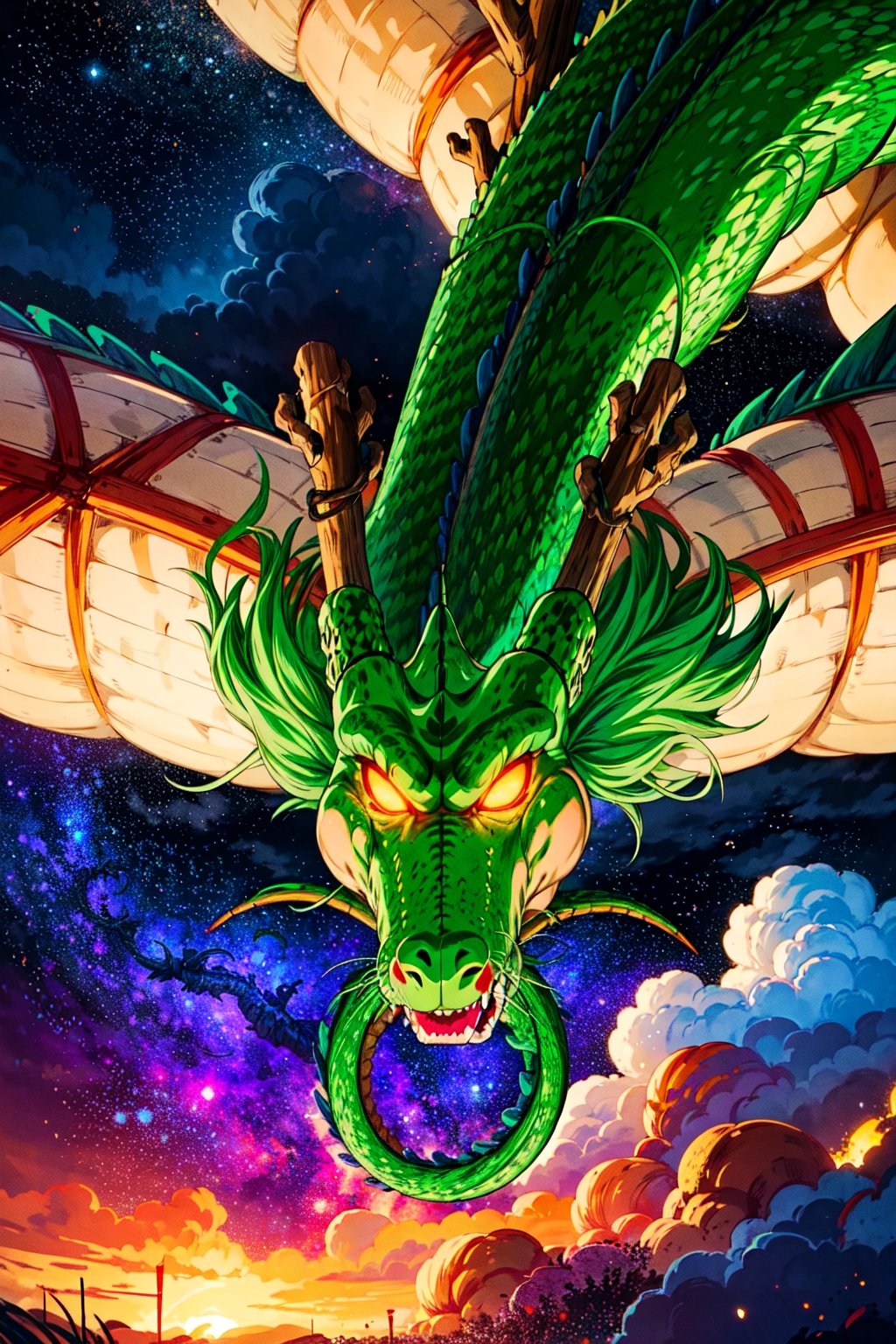 wyrm,shenlong, oriental dragon, glowing eyes, shiny, galaxy, sharps theet, long whiskers, purple hair, floating debris, looking_at_viewer, asymetric, intrincate details, realistic, ,r1ge, close up, yellow sky, yellow clouds, flying, raining,fantasy00d,CLOUD