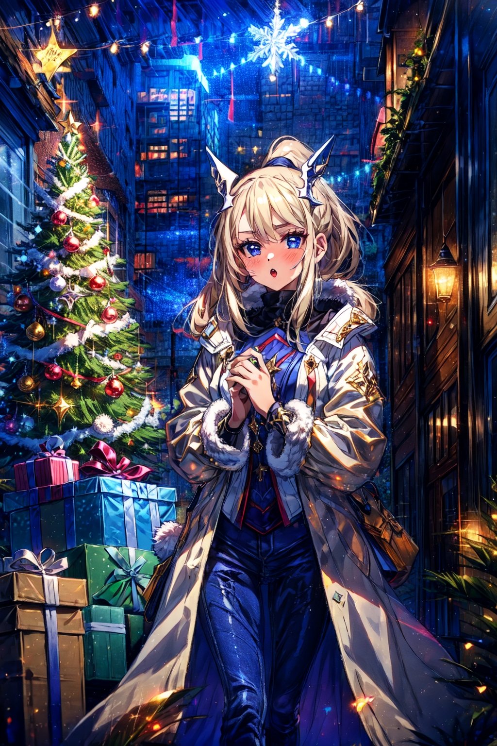 masterpiece,best quality,highres,1girl, ,streetscape,christmas,christmas tree,christmas eve,both hands holding giftbox,evolved,alternative2,hair ornaments,scraft,thick sweater,thick coat,deep blue jeans,fur trim,looking at viewer,:o,happy,portrait,(depth of field:1.4),matured female,blush,shy