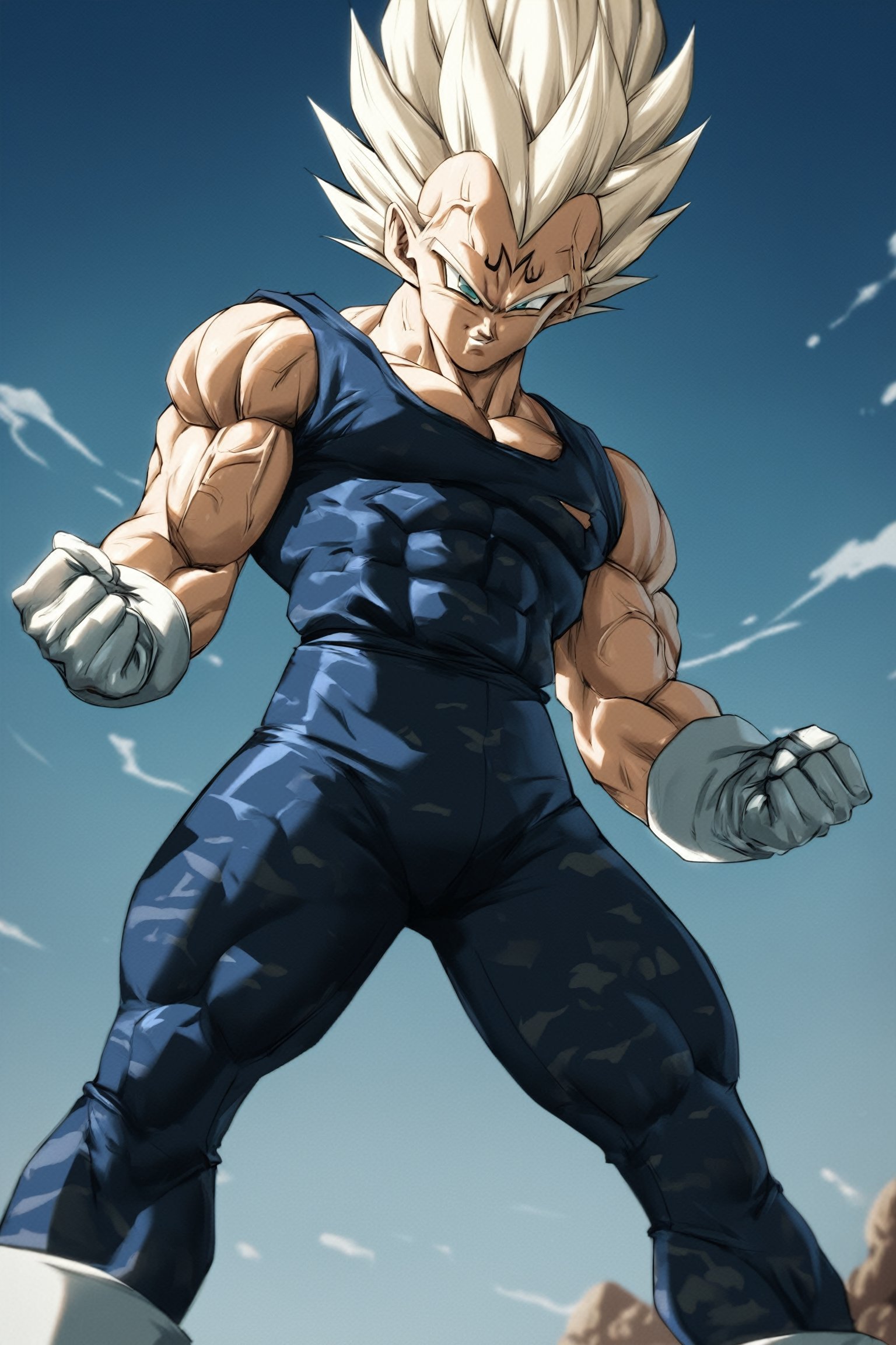 score_9, score_8_up, score_7_up, source_anime, high detail, high quality, perfect face, perfect eyes, well-drawn eyes, Majin, muscle veins, Vegeta wearing a black tank top and large camouflage pants, army boots, flexed, floating in the air, looking down at the viewer, ArtCalmV2