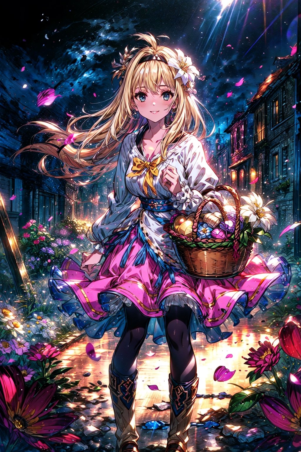 masterpiece,best quality,highres,cinematic lighting,dramatic angle,1girl,,hair ornament,hair ornaments,hairband,hair flower,costume2,blonde hair,blue eyes,portrait,village girl,holding basket of flowers,long pink skirt,frills,white topwear,boots,black pantyhose,yellow bowtie,hairband, ,smile looking at viewer