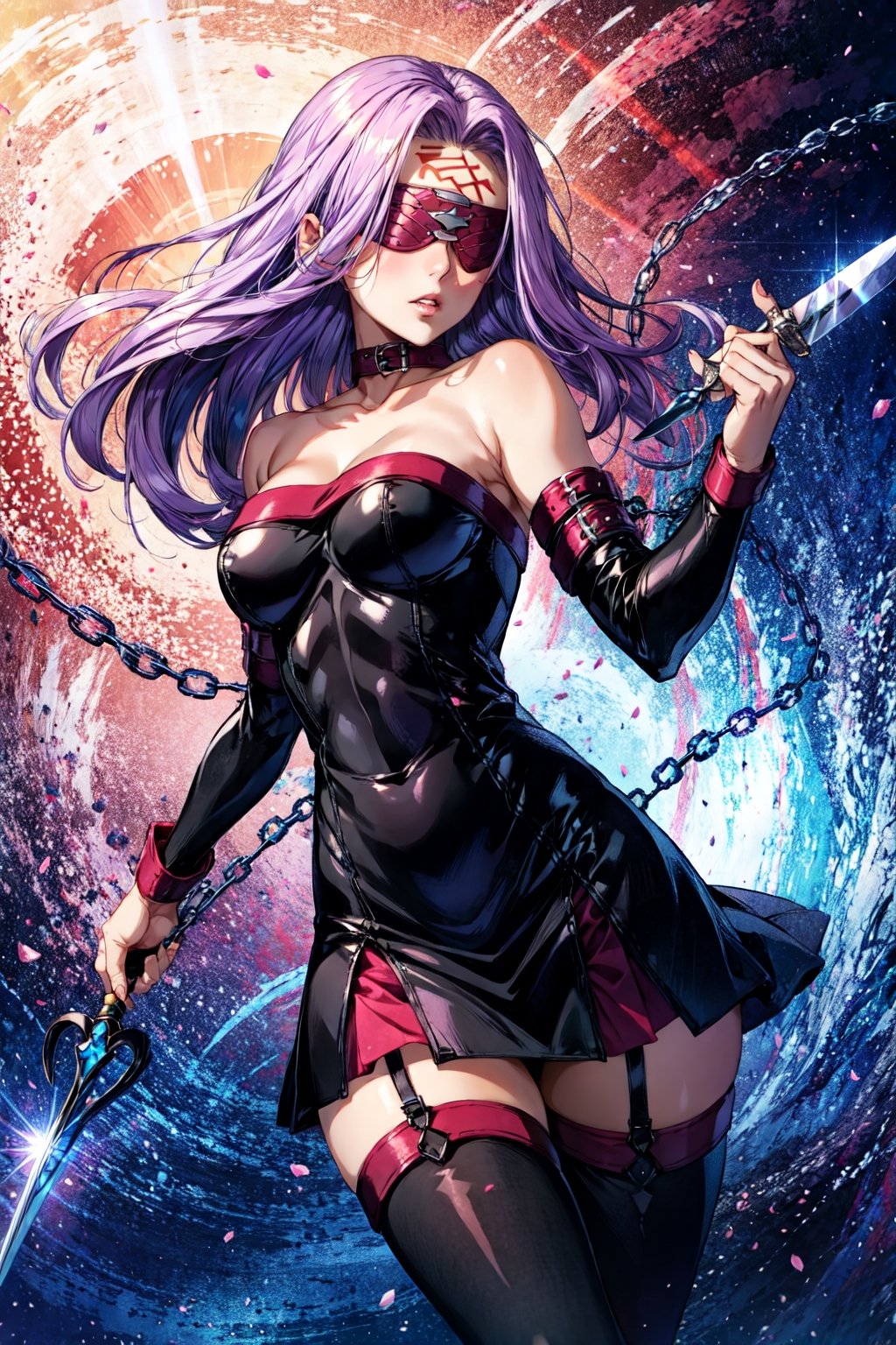 MedFSN, 1girl, strapless dress, detached sleeves, purple hair, blindfold, zettai ryouiki, lips, facial mark, floating hair, large breasts, skin tight, holding weapon, dagger, chain