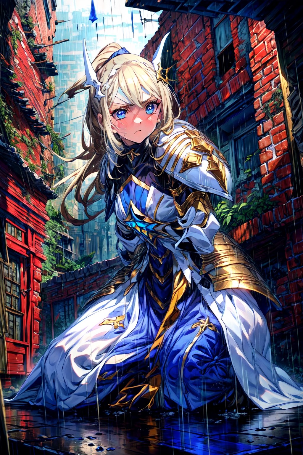 masterpiece,best quality,highres,1girl,,yellow eyes,alternative2,hair ornaments,white armor,middle blue skirt,blue eyes,(rain:1.3),in ruins,collapsed Medieval architecture,monochrome,portrait,kneeling,sad,looking at side,close-up,(depth of field:1.2),gradient background,despair