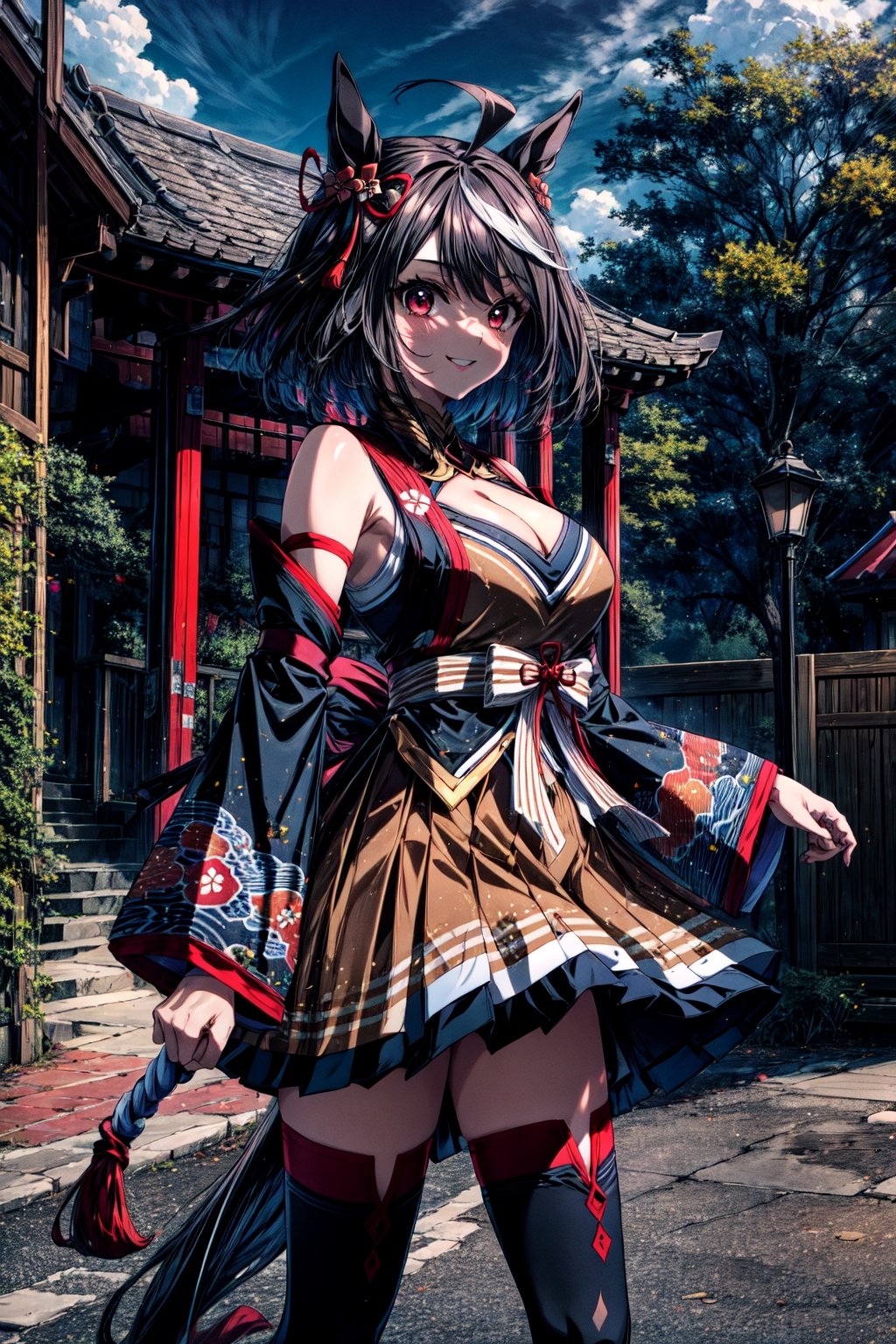 masterpiece, best quality, highres, aakitasan, animal ears, short hair, streaked hair, hair ornament, medium breasts, horse tail, cleavage, clothing cutout, detached sleeves, shimenawa, skirt, black thighhighs, , outdoors, smile, cowboy shot, standing, straight-on,