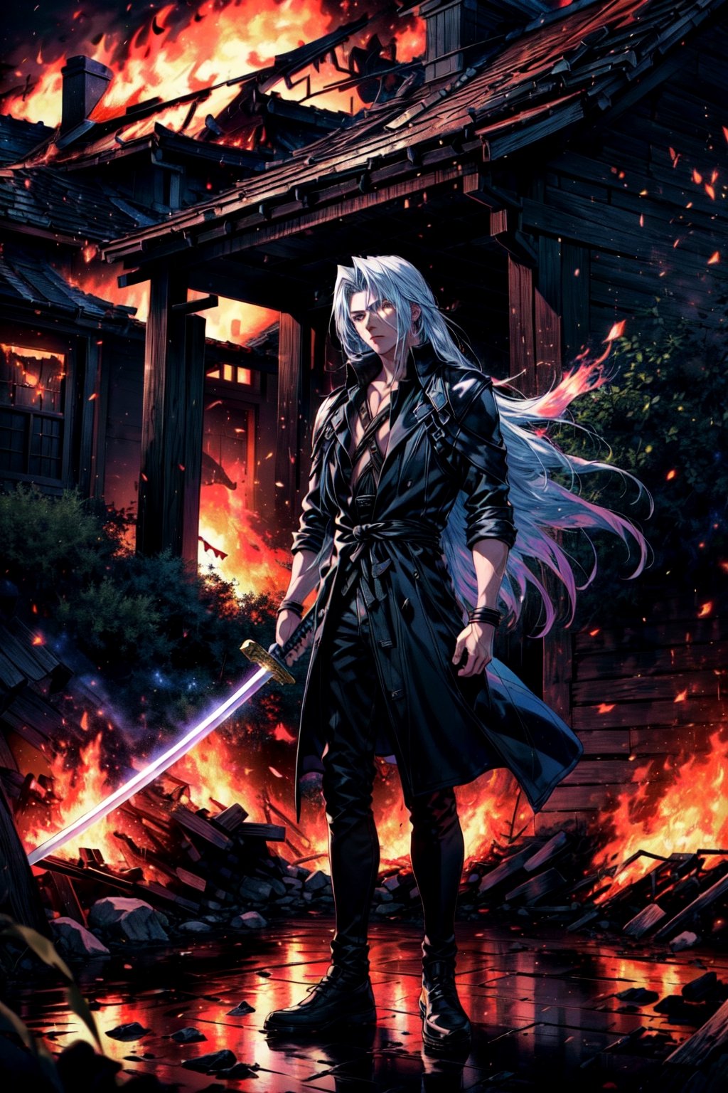 (best quality), (masterpiece), (realistic,) (photo-realistic), ultra-detailed,front, 1boy,standing,(looking at viewer),  Sephiroth (Final Fantasy), Sephiroth, holding sword,  dark theme, village,(fire scene:1.4),(fire:1.4),(conflagration:1.3), professional lighting, photon mapping, physically-based rendering,