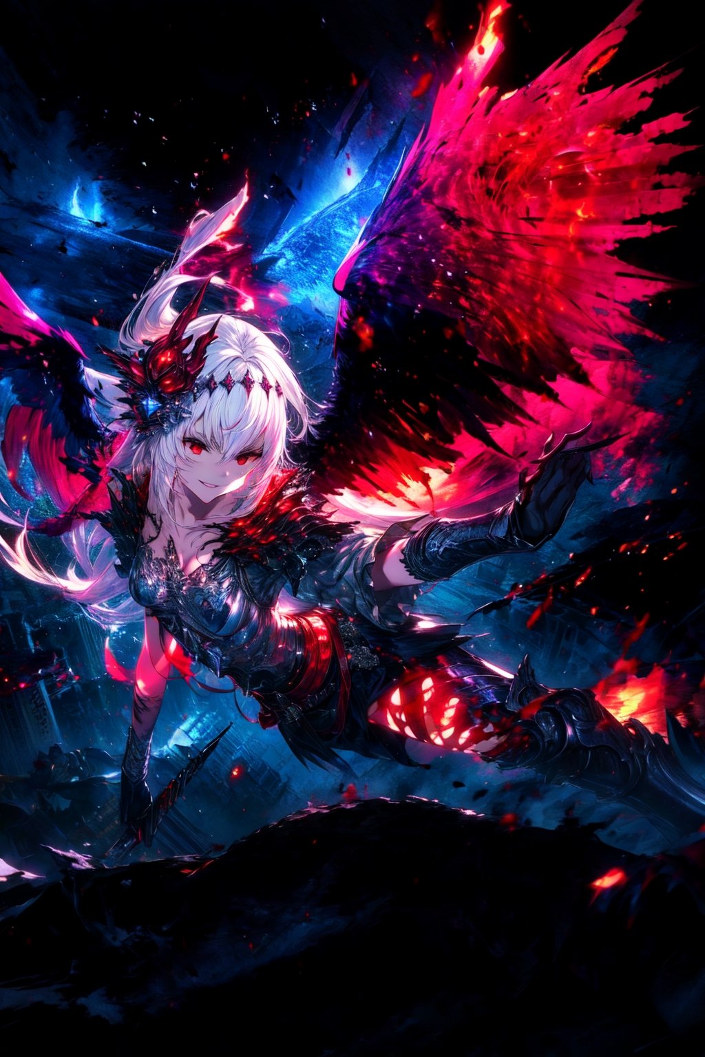 masterpiece,best quality,highres,cinematic lighting,dramatic angle,,costume9,white hair,red eyes,wings,tilting head,holding,sword,glowing,cruel smile,blood,flaming,burning city,fire,depth of field