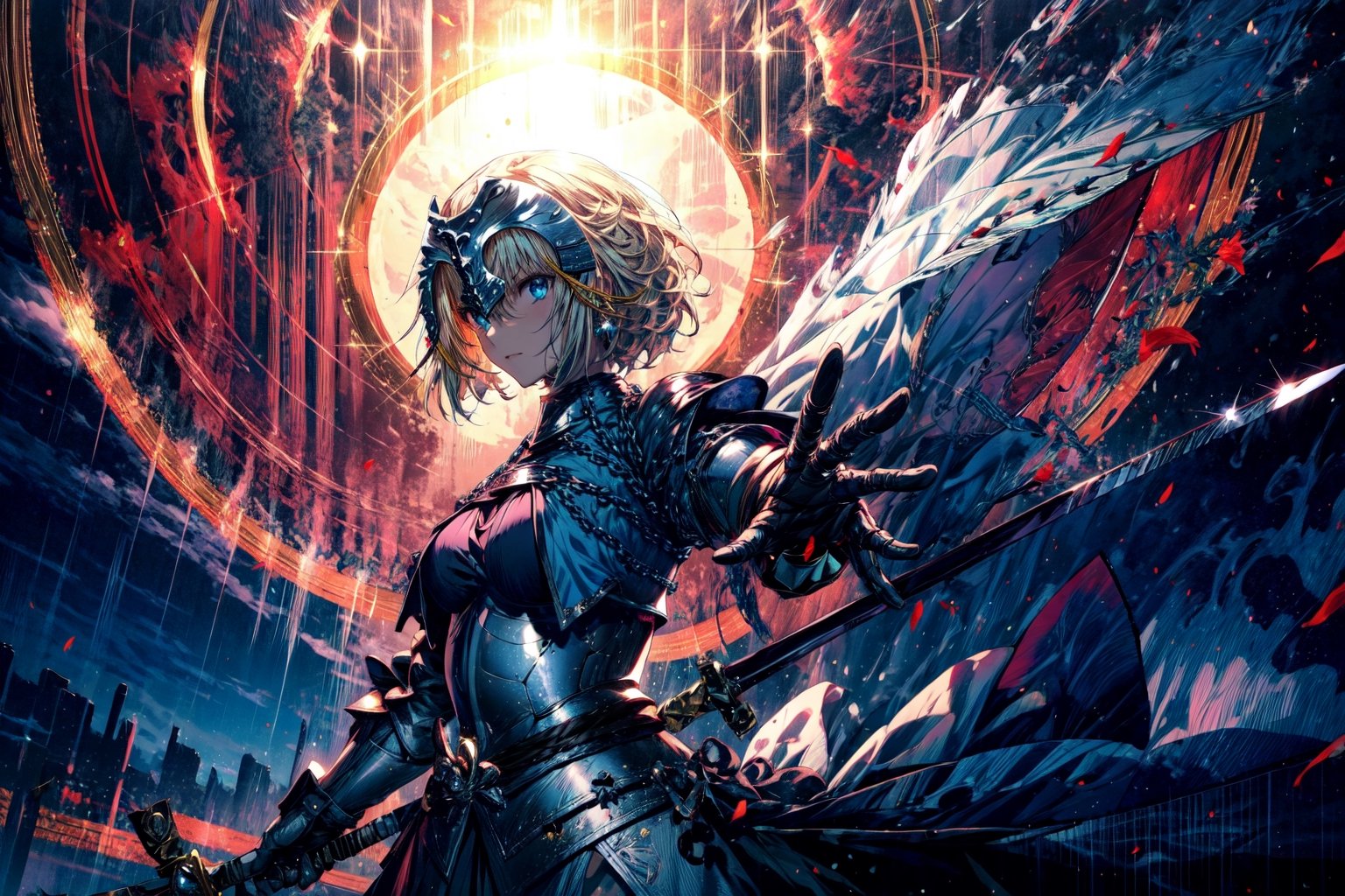 masterpiece, best quality,1girl,,solo, long hair, blonde hair, jeanne d'arc (fate), armor, blue eyes, weapon, sword, armored dress, gauntlets, headpiece, jeanne d'arc (third ascension) (fate),(kbxll:1),FGO,fantasy,midjourney,CLOUD