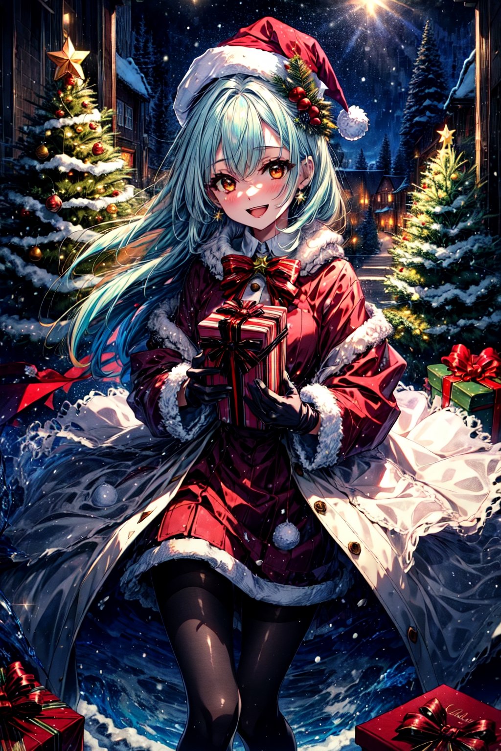 masterpiece,best quality,highres,cinematic lighting,dramatic angle,1girl,light blue hair,orange eyes,MiyakoChristmas,happy,,white and red dress,thick coat,fur trim,ribbons,bowtie,hat,pantyhose,gloves,holding gift box,christmas streetscape,christmas trees,stars,presenting gift box to viewer,:d,