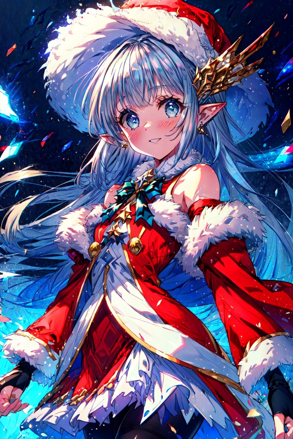 asterpiece,best quality,highres,cinematic lighting,dramatic angle,1girl,silver hair,hime cut,blue eyes,pointy ears,hair ornament,red dress,fur trim,thick coat,bare shoulders,elbow fingerless gloves,white pantyhose,layered dress,,happy,looking at viewer,cowboy shot,LilyChristmas,hat,