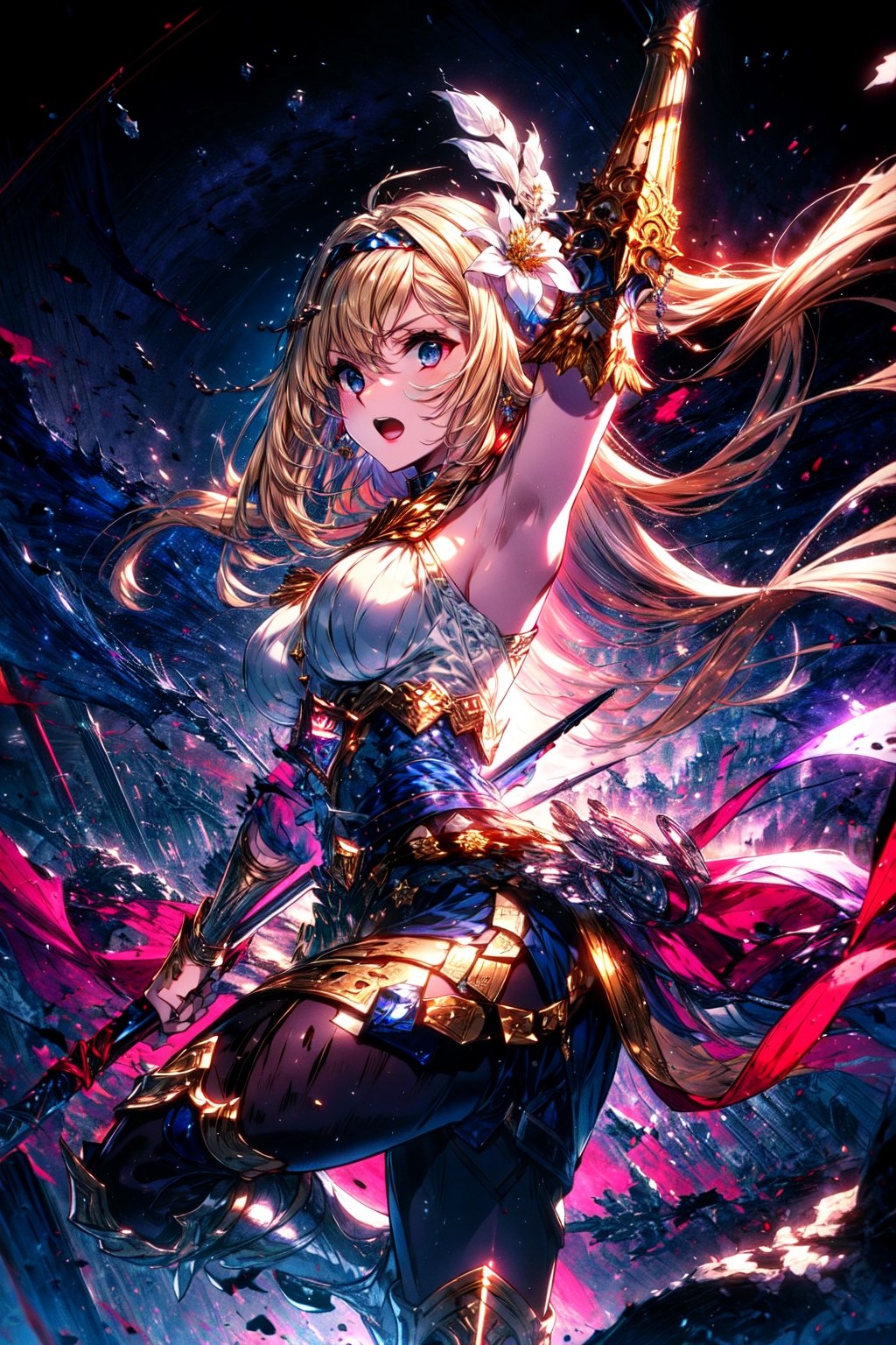 masterpiece,best quality,highres,cinematic lighting,dramatic angle,1girl, ,blonde hair,blue eyes,hair ornaments,hair ornament,hair flower,hairband,looking at viewer,dynatic angle,dual wielding,sword,costume6,sei shoujo,white armor,shoulder armor,bare shoulders,gold trimmed,black pantyhose,boots,red ribbon,thick thighs,portrait,glowing,very long hair,serious,open mouth,chestplate,Virtuous Guardian,breasts,gauntlets,spear