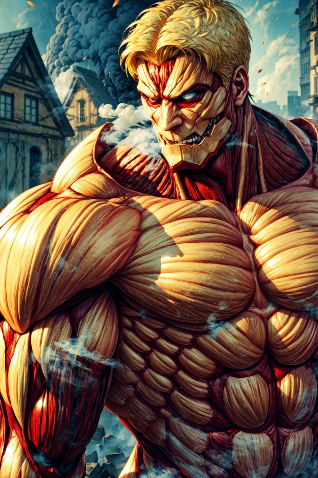 armored titan, muscular, giant, size ratio, short hair, blonde, building, teeth, armor on body, armor on face, light in eyes, steam and smoke, head to knees, red muscles ,