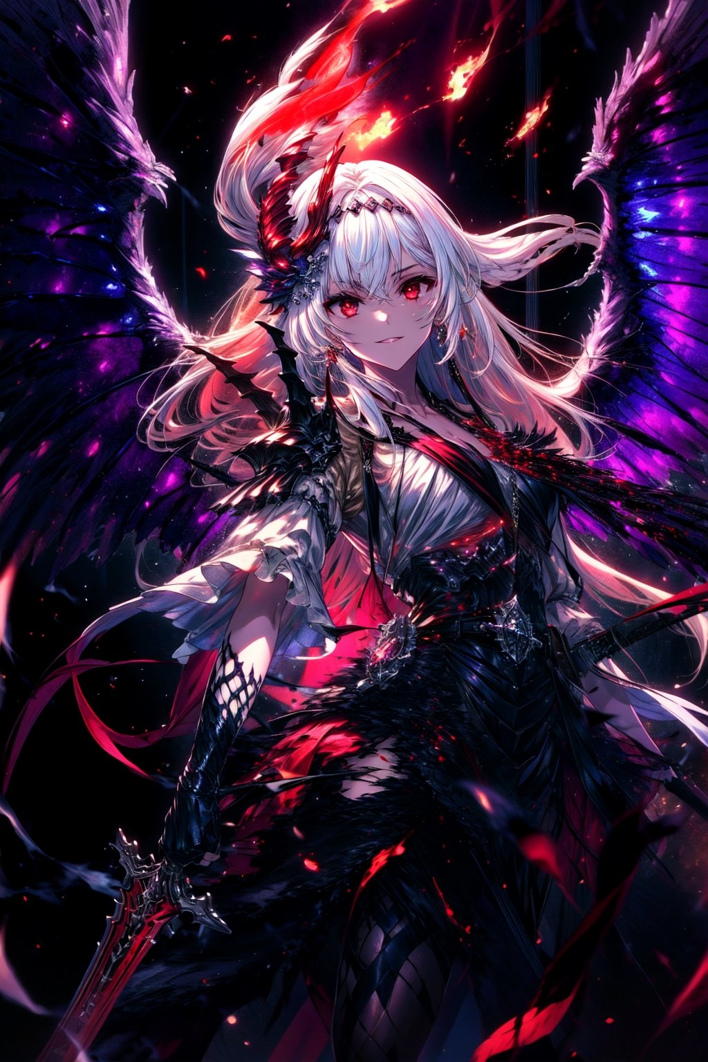 masterpiece,best quality,highres,cinematic lighting,dramatic angle,,costume9,white hair,red eyes,wings,tilting head,holding,sword,glowing,cruel smile,blood,flaming,burning city,fire,depth of field