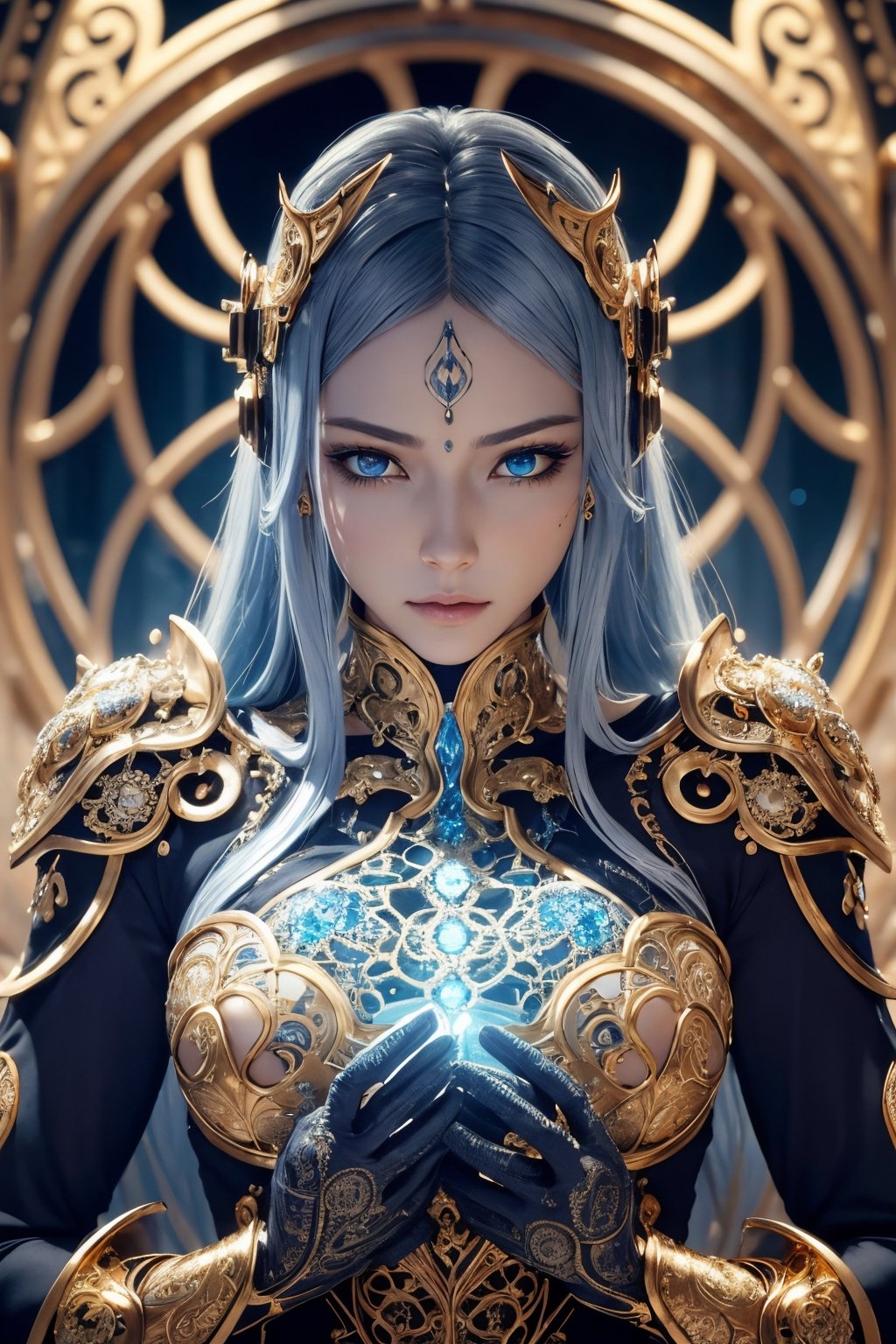 surreal photography of a stunningly beautiful cyborg female, blue eyes, embraced, delicate gold filigree, intricate detailed, glowing, in the style of beth cavener, jin kagetsu, and wlop, highly detailed, intricate filigree, chrome face symmetry, masterpiece, award - winning, sharp focus, concept art, high key, ambient lighting, 8 k, octane render