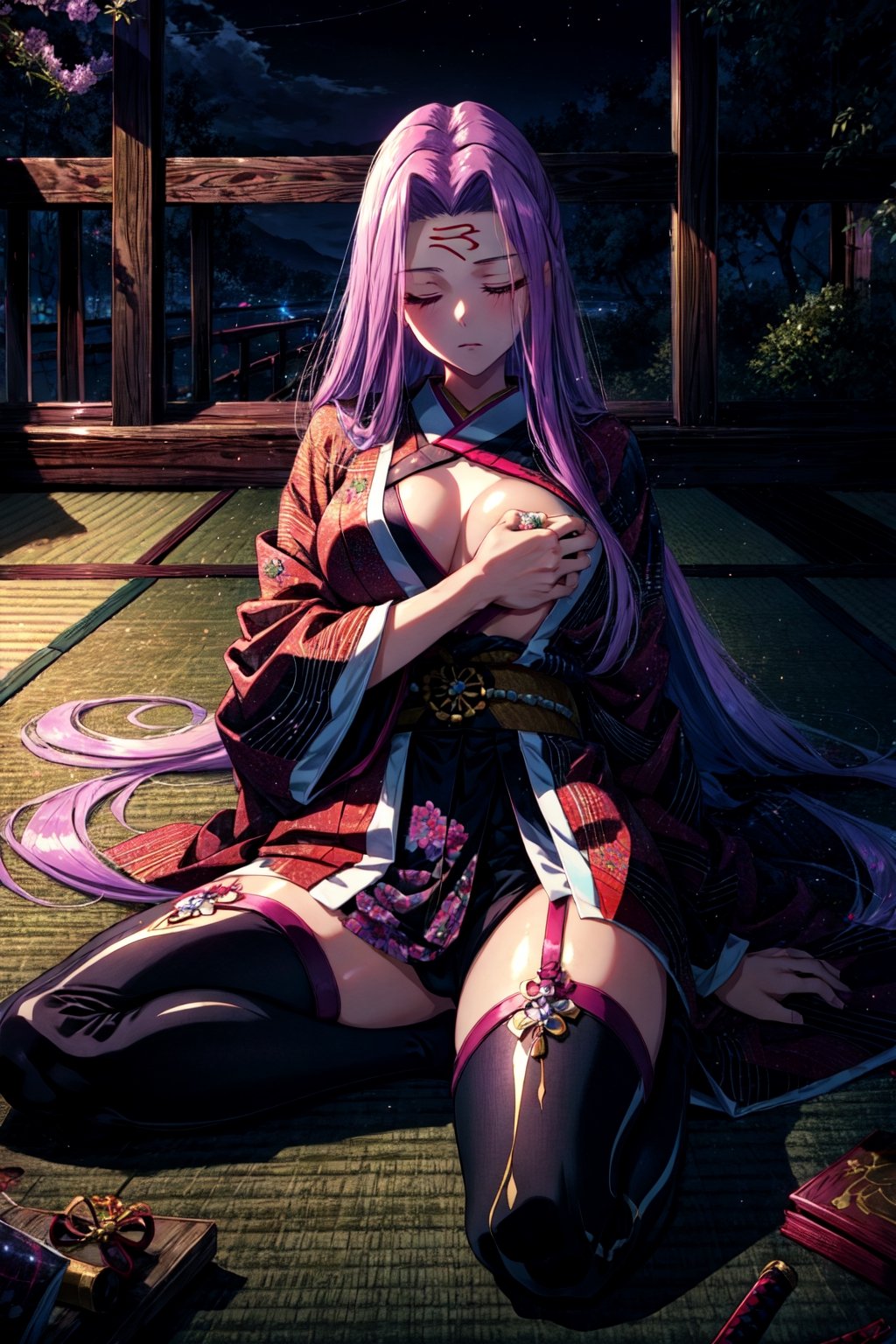 (masterpiece:1.4), (best quality:1.4), 1girl, , medusa (rider) (fate),long hair, medusa (fate), purple hair, solo, closed eyes,large breasts, very long hair, night, thighhighs, (kimono), katana, lingerie, ((meditation)), hands on feet, katanas are lying nearby,