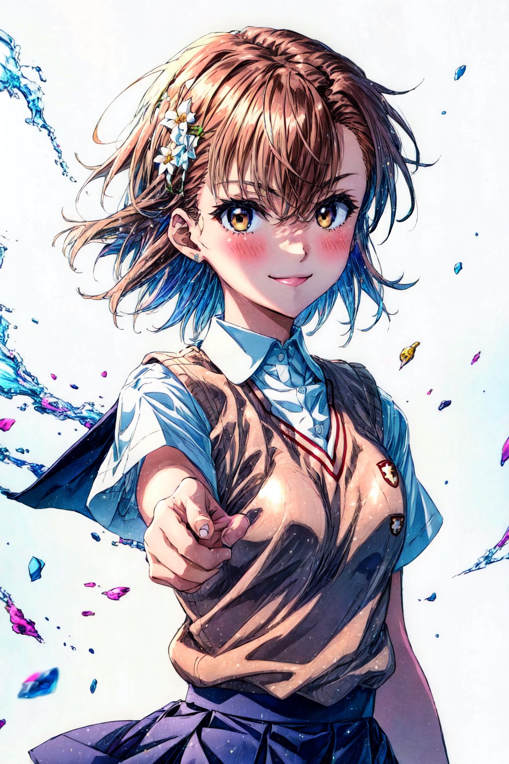 best quality, masterpiece, highres, solo, (misaka_mikoto_bluearchive:1.10), 1girl, summer uniform, tokiwadai school uniform, white shirt, looking at viewer, brown sweater vest, short sleeves, simple background, white background, v-neck, collared shirt, blush, electrokinesis, upper body, dress shirt, hair flower, closed mouth, pleated skirt, smile, breasts, emblem, psychic, 1