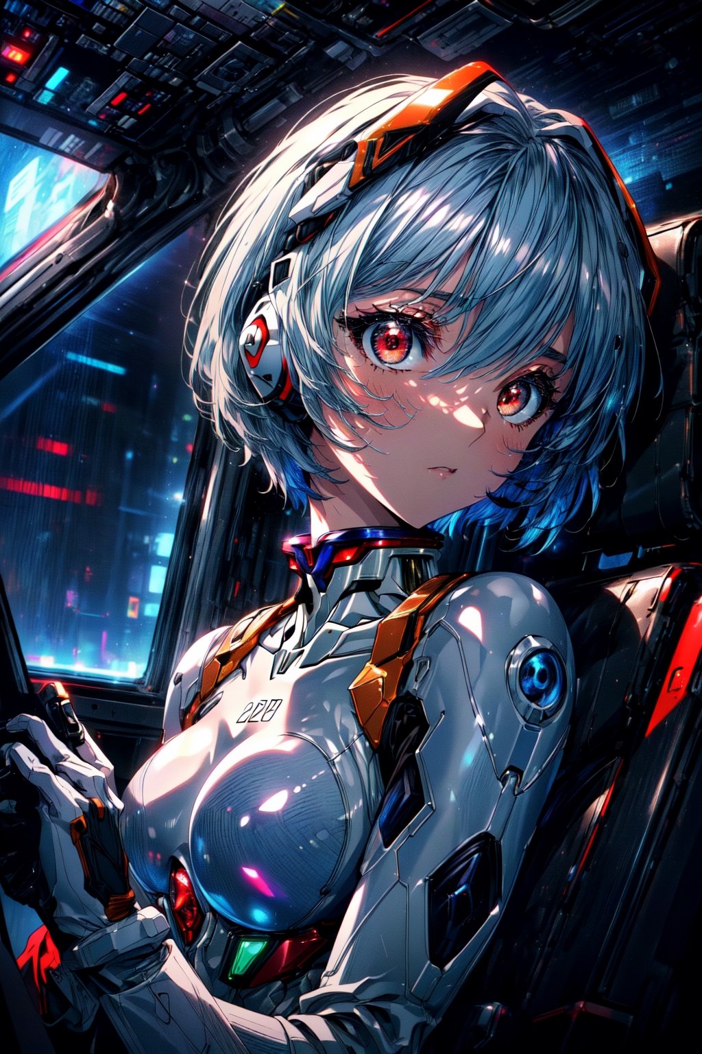 (masterpiece, best quality, raw photo, ultra realistic, official art, beautiful and aesthetic, (extremely detailed CG unity 8k wallpaper), (1girl in cockpit, hand holding the handle:1, ayanami rei, ight blue hair, red eyes, (short hair:1.1)), detailed skin:1.2, natural_skin:1.1, realskin:1.1, sharp focus, beautiful details face, beautiful details eyes, big eyes, expressionless, (plugsuit, pilot suit, interface headset, white bodysuit, white pilot suit, white plugsuit),