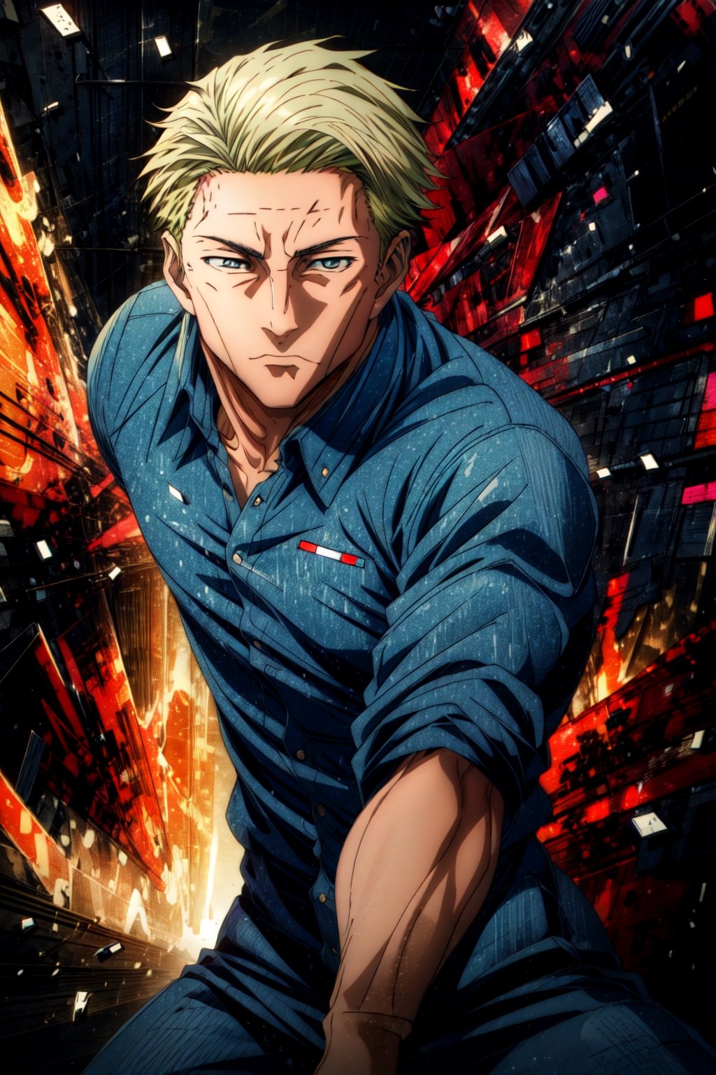 masterpiece, hyper detailed, highres, good anatomy, solo, nanami, blue shirt, suit, action pose, pants, square jaw, muscular male, (middle-aged man:1.3), looking at viewer, 1boy,