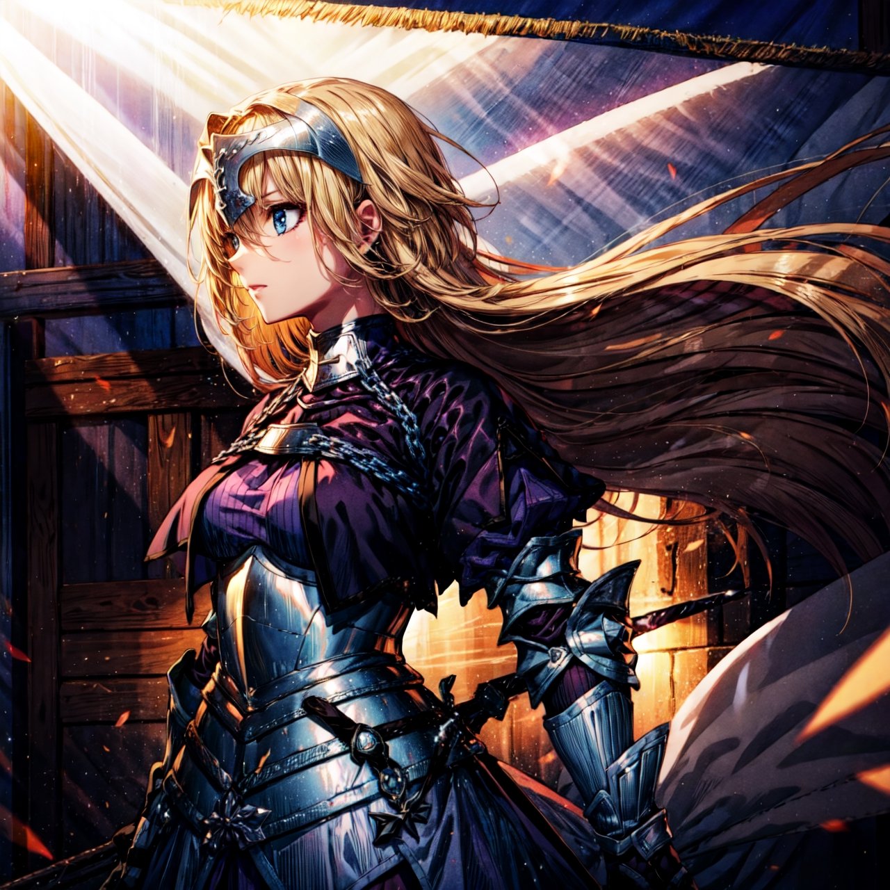 masterpiece, best quality,1girl, solo, long hair, blonde hair, jeanne d'arc (fate), ,(Upper_body),(Focus on her face),armor, blue eyes, weapon, sword, armored dress, gauntlets, headpiece, jeanne d'arc (third ascension) (fate), official art,extremely detailed CG unity 8k wallpaper, perfect lighting,Colorful, Bright_Front_face_Lighting,shiny skin, (masterpiece:1.0),(best_quality:1.0),