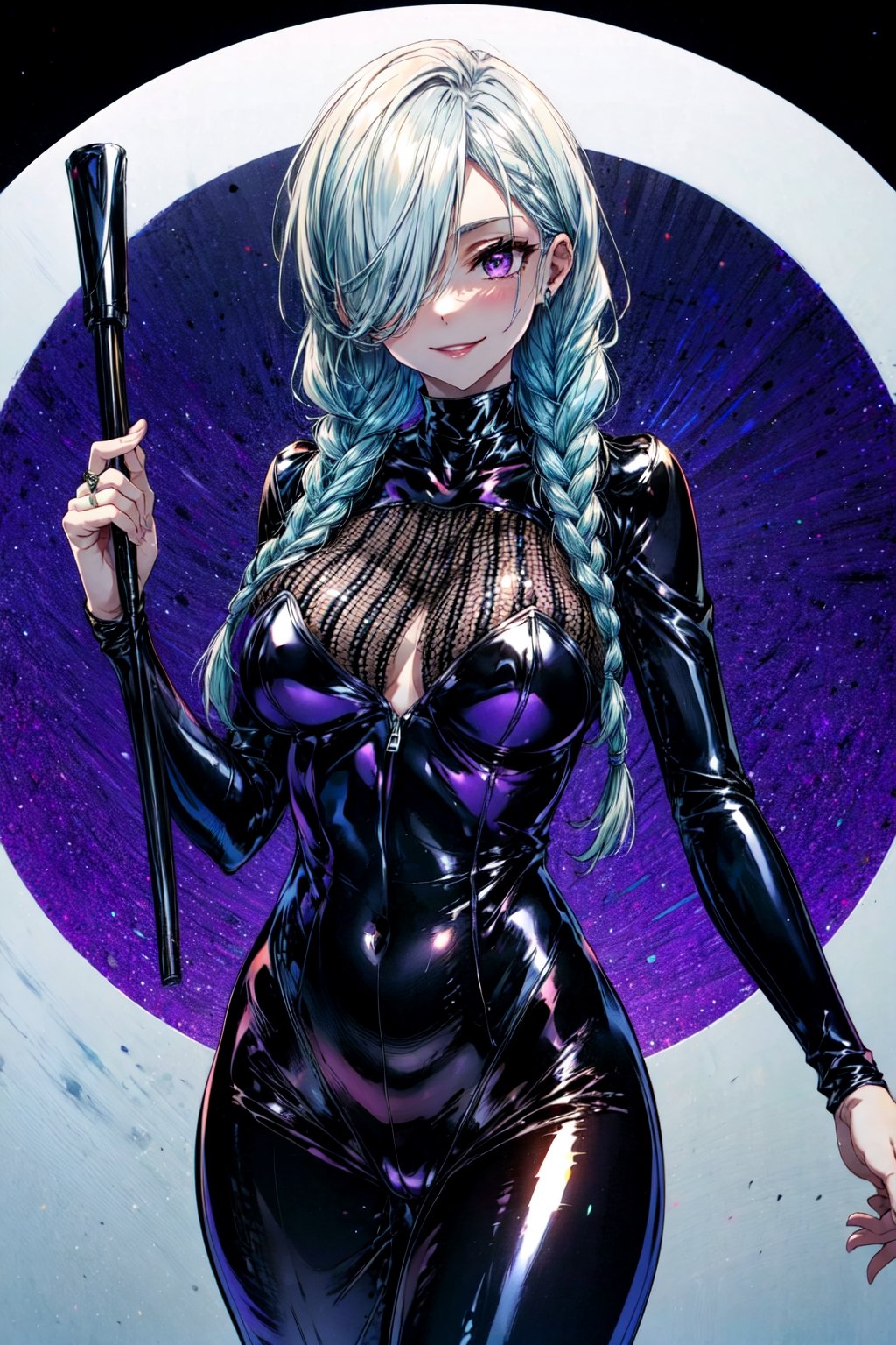 masterpiece, best quality, simple background, meidef, 1girl, solo, looking at viewer, cowboy shot, purple eyes, long hair, braid, single braid, braided bangs, white hair, grey hair, hair over one eye, braided ponytail, evil smile, large breasts, latexconcept, bodysuit, latex bodysuit, black bodysuit, shiny clothes, shiny, latex, skin tight,Circle