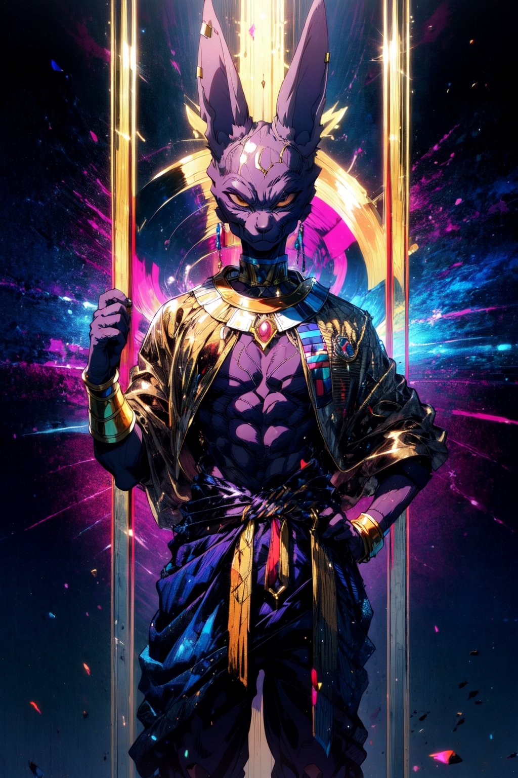 high quality, masterpiece, realistic, anthro cat, beerus, purple skin, topwear, shirtless, bottomwear, clothed, egyptian clothing, long ears, skinny body, standing in park, looking at camera, one hand on hip, looking at camera, serious, extremely detailed,b33ru5