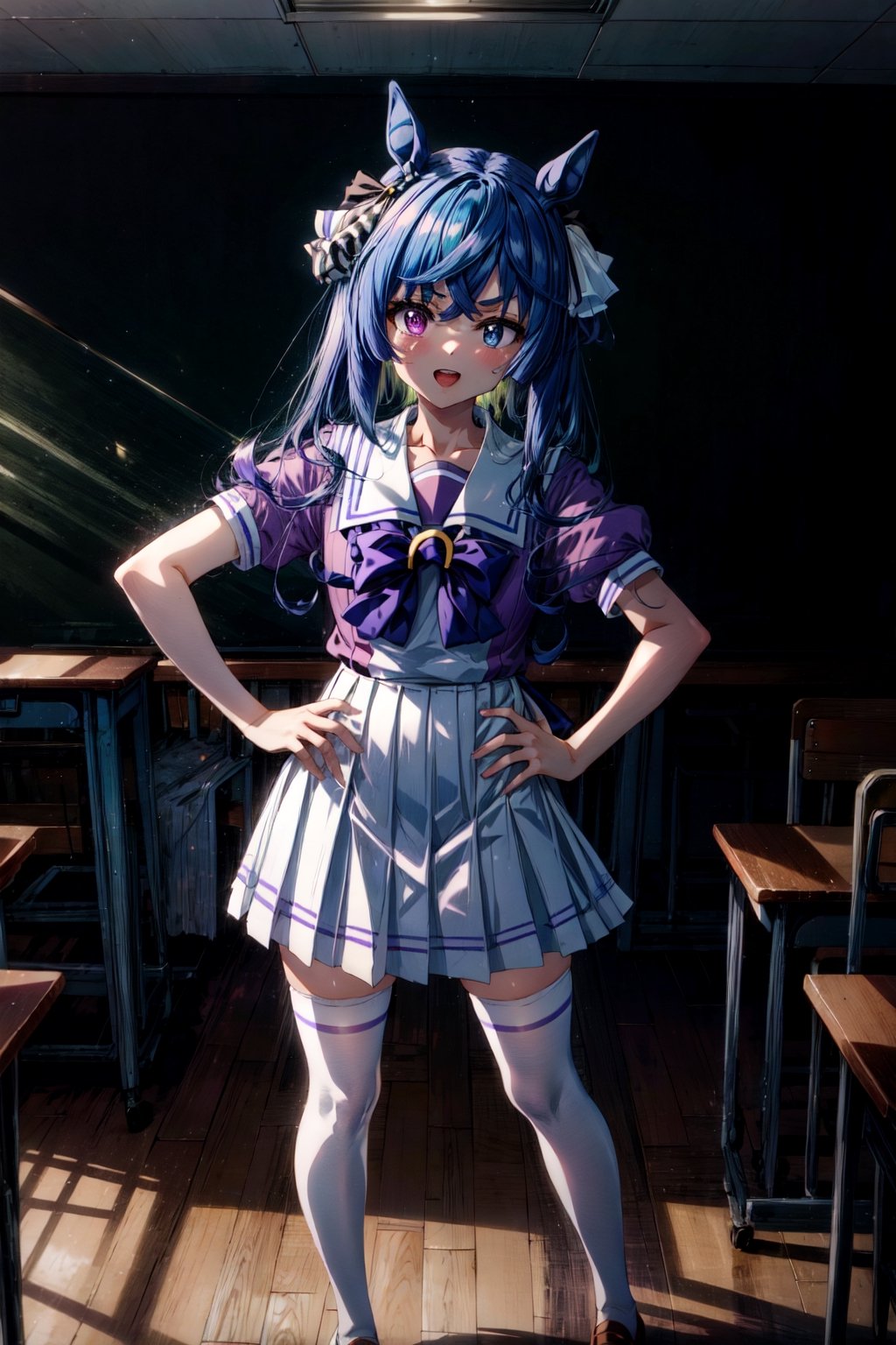 masterpiece, best quality, twin turbo \(umamusume\), full body, standing, classroom, pointing at self, hand on hip, open mouth, upper teeth, tracen school uniform, summer uniform, serafuku, puffy short sleeves, bowtie, horseshoe ornament, sailor collar, sailor shirt, frills, white skirt, purple shirt, miniskirt, zettai ryouiki, white thighhighs,