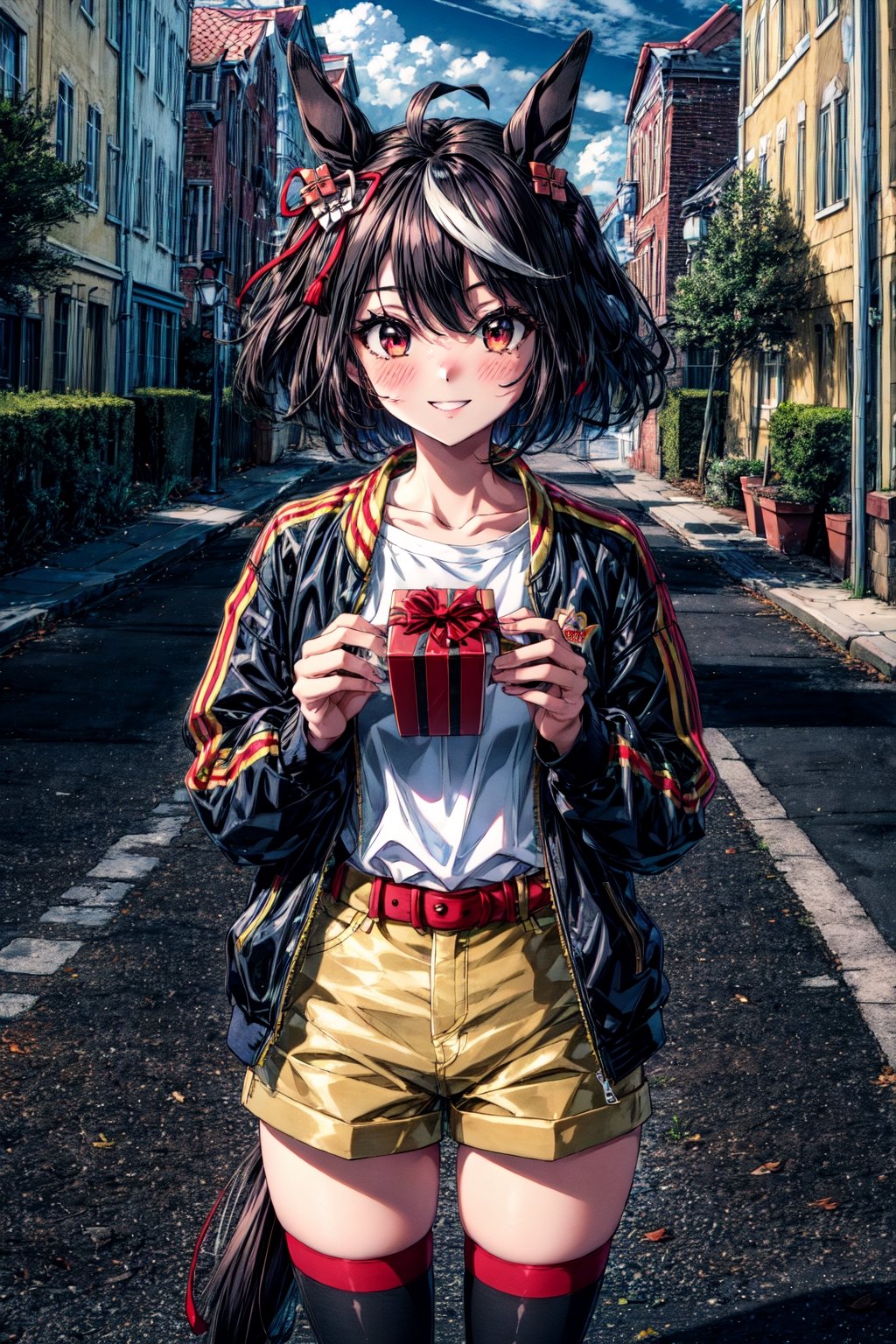 masterpiece, best quality, highres, bbkitasan, animal ears, short hair, streaked hair, hair ornament, horse tail, casual, collarbone, black jacket, white shirt, print shirt, belt, yellow shorts, black thighhighs, aged down, , cowboy shot, standing, street, gift, giving, holding gift, presenting, blush, smile