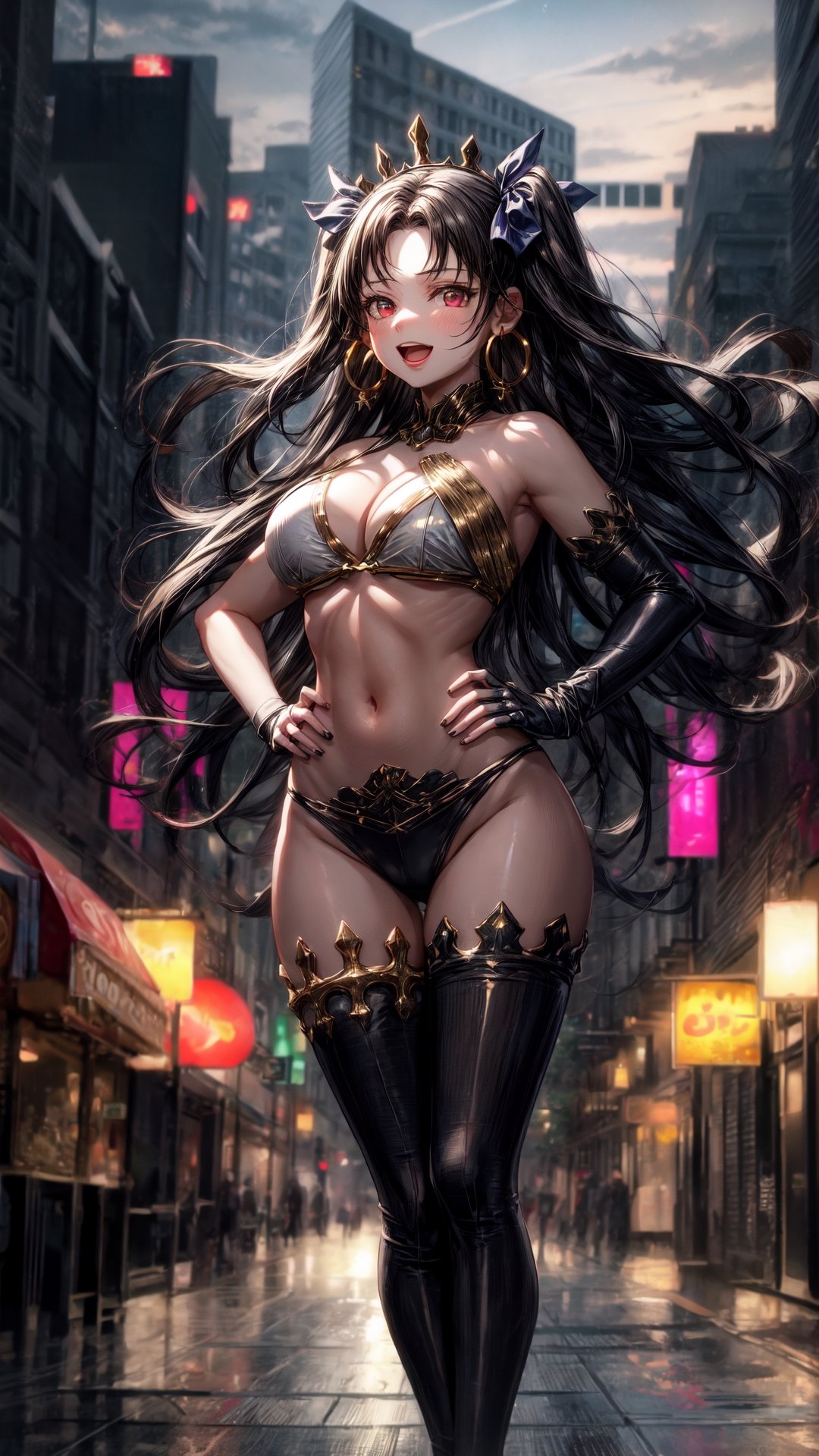 best quality, (masterpiece:1.2), detailed, blurry background,, ishtar,1girl, solo, open mouth, light smile,black hair, red eyes, two side up, black ribbon, crown, hoop earrings,white bikini top, black bikini bottom, gold trim, elbow gloves, thighhighs, asymmetrical legwear,standing, hand on hip, looking at the viewer,outdoors, desert,FGO