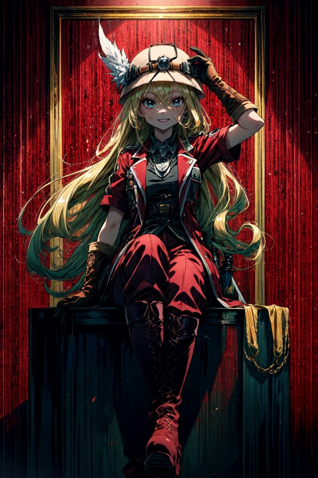 masterpiece, best quality, highres, 1girl very long hair blonde hair curly hair, red jacket helmet whistle short sleeves brown gloves red pants hat feather boots  sitting, smile, patterned background