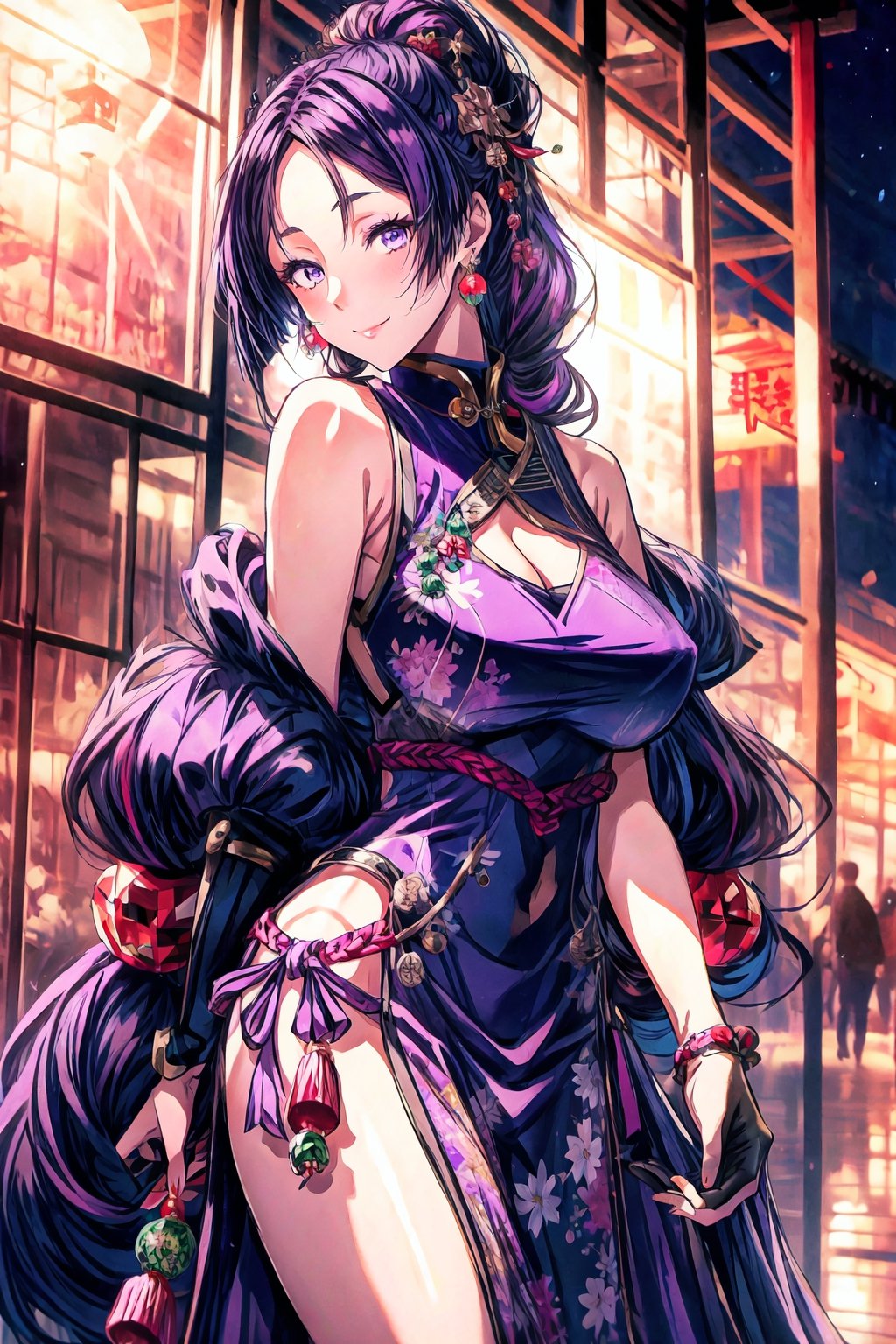 masterpiece, best quality, highres, hmmr1, minamoto no raikou (fate), dress, gloves, china dress, low-tied long hair, bare shoulders, earrings, jewelry, sleeveless, purple dress, side slit, purple gloves, floral print, hair ornament, braid, , cowboy shot, reaching out, smile, amusement park,