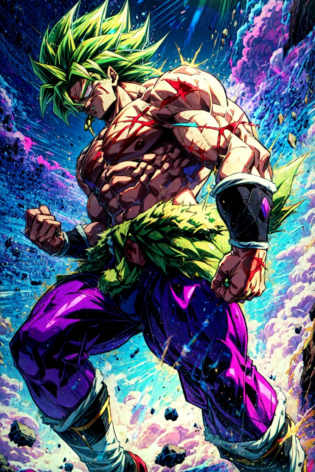 broly, legendary super saiyan, green hair, spiky hair, white eyes, muscular, tall, face scar, left arm scar, bicep scar, green fur pelt draped around the waist, black bracelets, tight purple pants