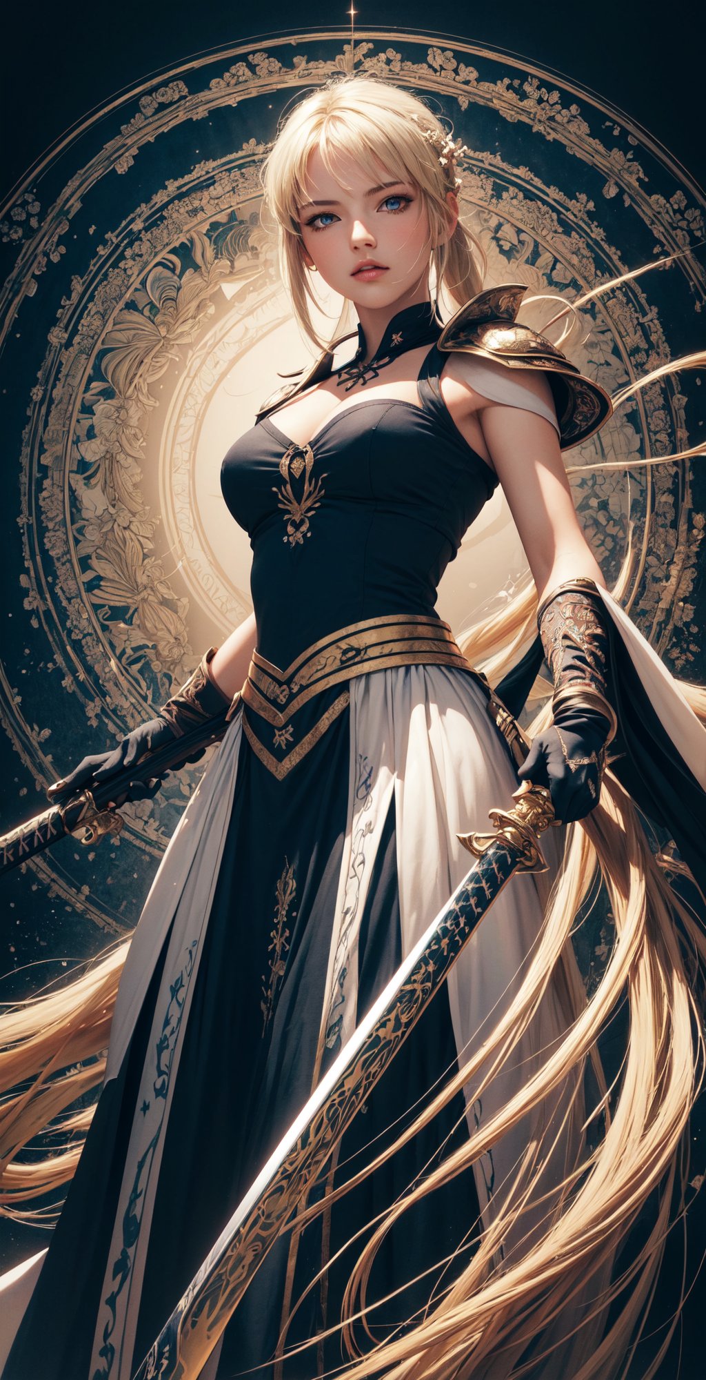 (masterpiece, top quality, best quality, official art, beautiful and aesthetic:1.2), (1girl), extreme detailed,(fractal art:1.3),colorful,highest detailed,zoomout,blonde girl,perfecteyes, background sky full thunder, holding_katana, wear fantasy armor,morgan le fay,sophitia