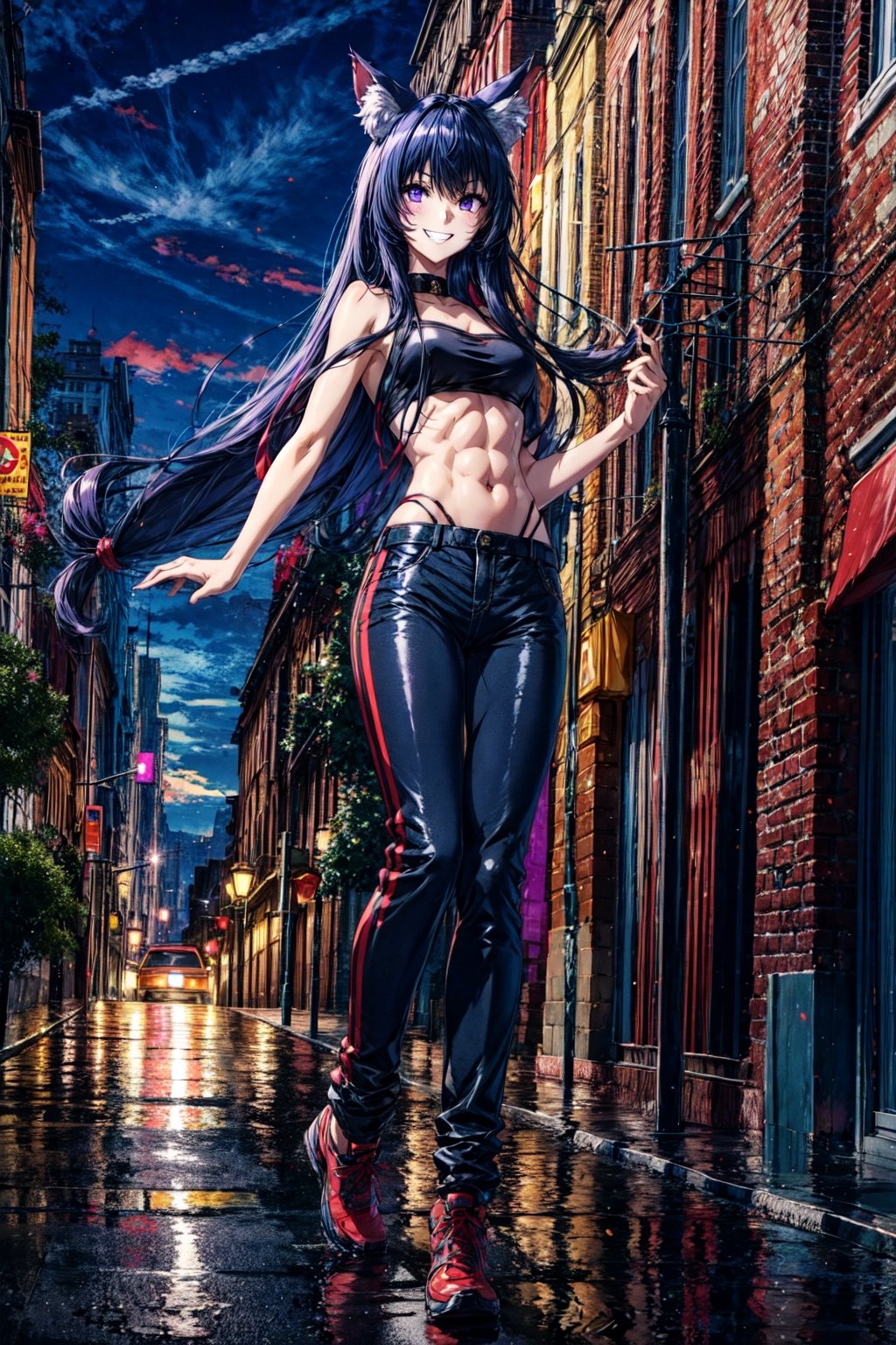 1girl, animal_ears, black_hair, full_body, grin, long_hair, looking_at_viewer, low-tied_long_hair, midriff, navel, pants, purple_eyes, smile, solo, very_long_hair