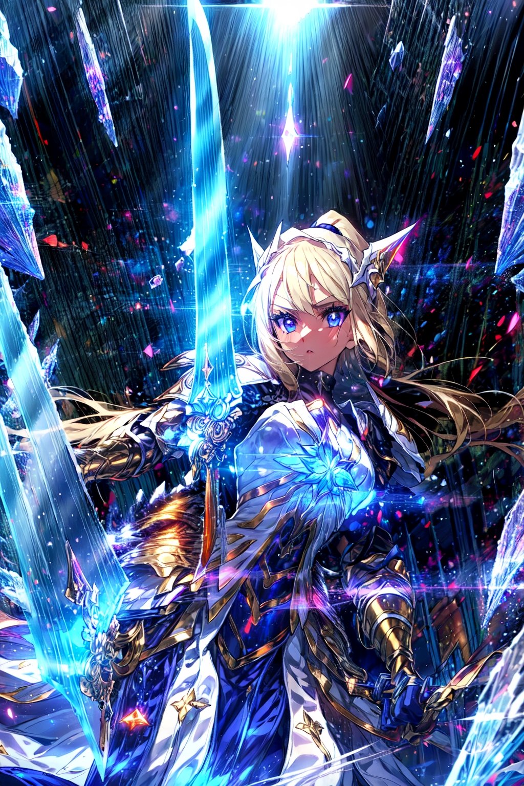 masterpiece,best quality,highres,1girl, ,armor,glowing,holding weapon,(extremely long and wide crystal glowing sword:1.2),glowing particles,holy light,dynatic angle,cinematic lighting,lens flare,,serious,mid shot,tilting