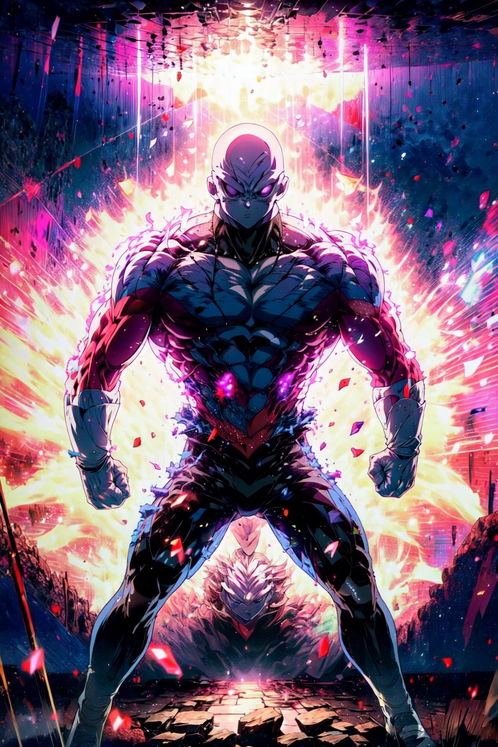 ((masterpiece, best quality)),(complex lighting),solo,1boy, full body, jiren,white gloves,muscular,bald , light particles, dust particles, red aura, torn clothes, topless,