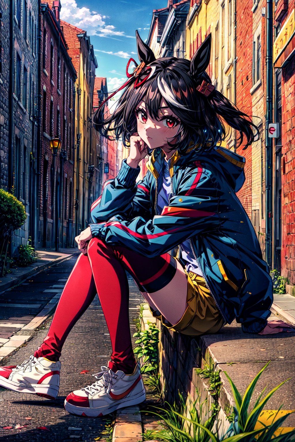 masterpiece, best quality, kitasan black \(umamusume\), street, buildings, hand on own chin, sitting, from side, casual, hair ribbon, hair ornament, white sleeves, hooded jacket, blue jacket, black shirt, yellow shorts, short shorts, black thighhighs, sneakers, shoes, red footwear,