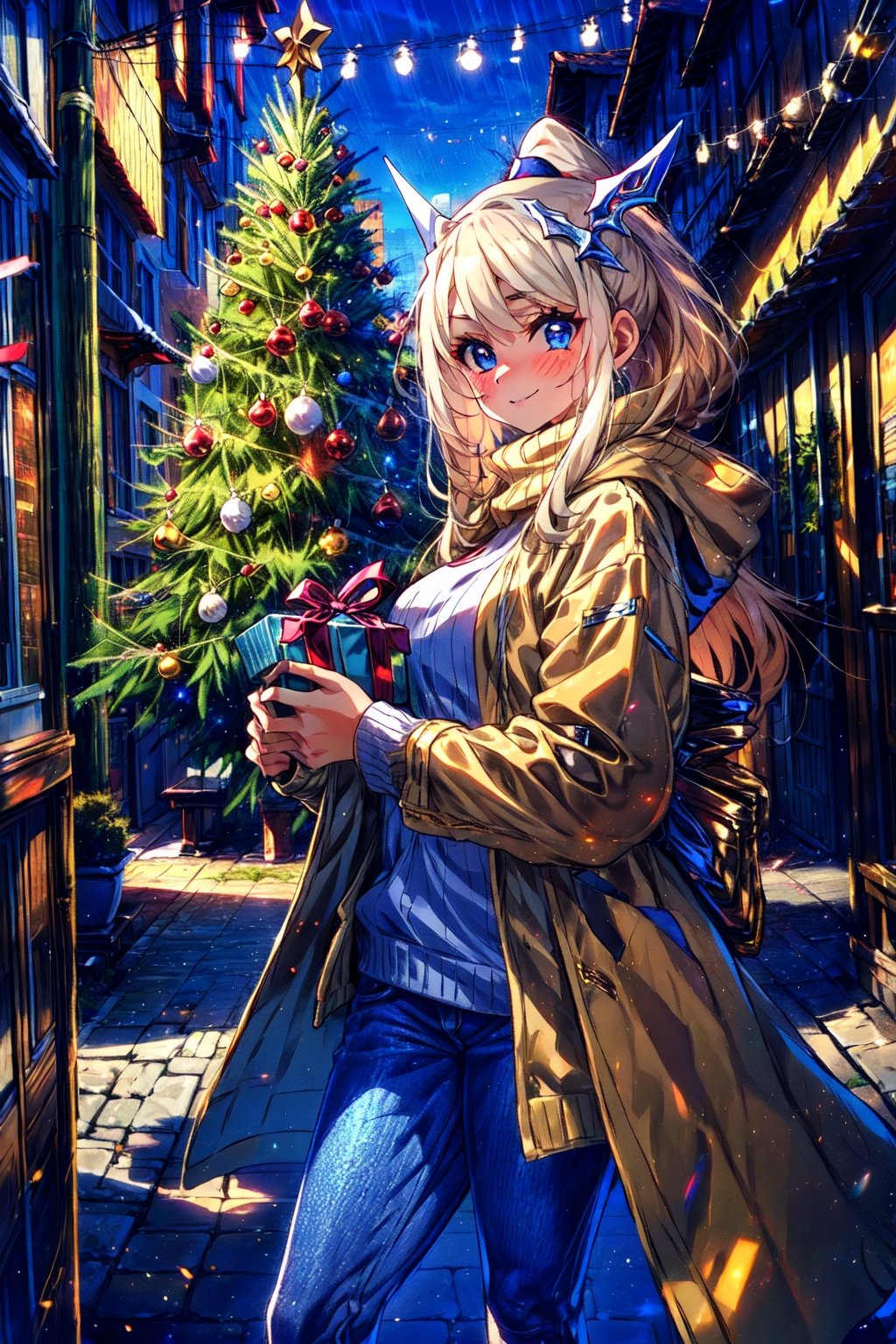 masterpiece,best quality,highres,1girl, ,streetscape,christmas,christmas tree,christmas eve,both hands holding giftbox,evolved,alternative4,hair ornaments,scraft,thick sweater,thick coat,deep blue jeans,looking at viewer,smile,(shaded face:1.2),portrait,(depth of field:1.4),matured female,blush,shy