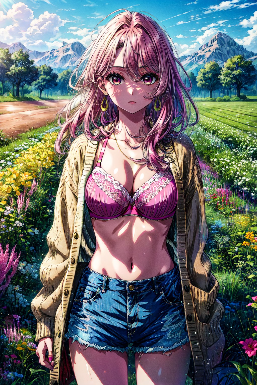 masterpiece, best quality, highres, aamiyako, long hair, jewelry, earrings, , pink bra, cardigan, short shorts, outdoors, field,